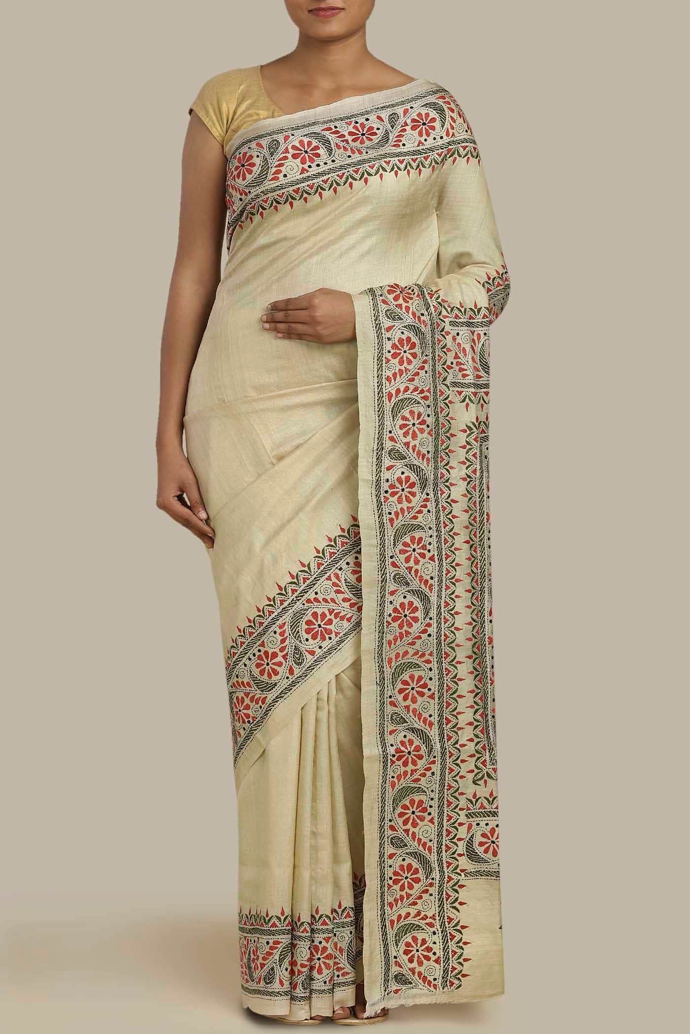 Beige Tussar Silk Saree