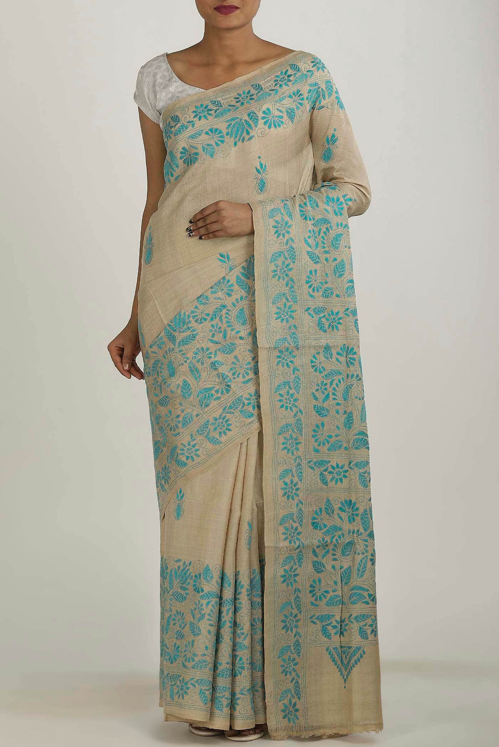 Beige Tussar Silk Saree