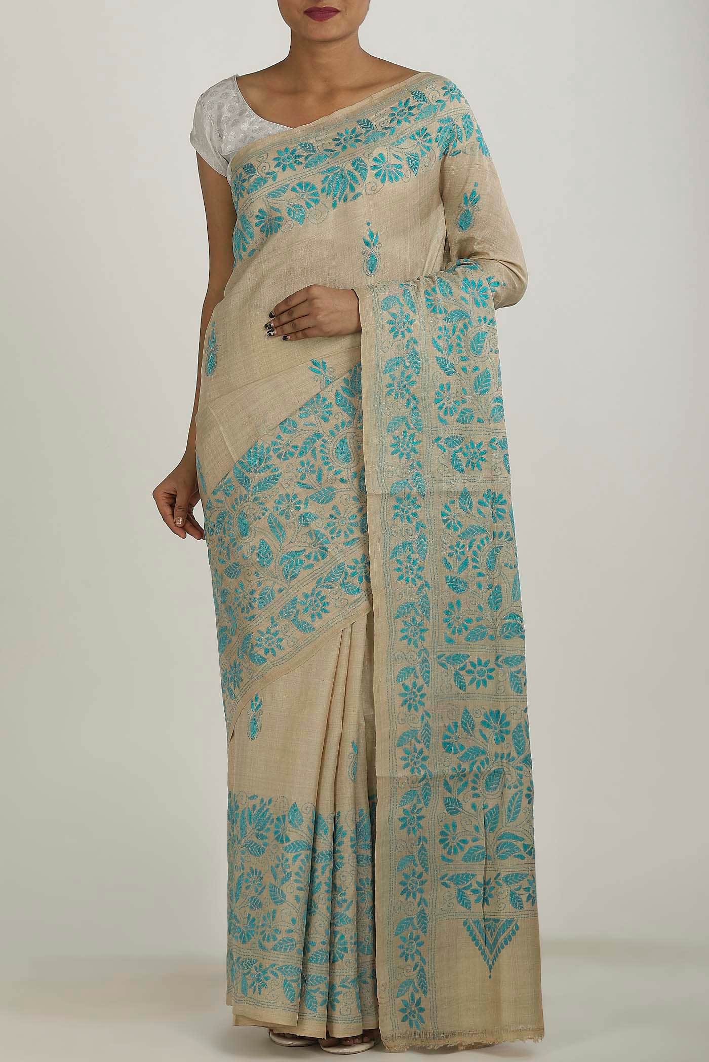 Beige Tussar Silk Saree