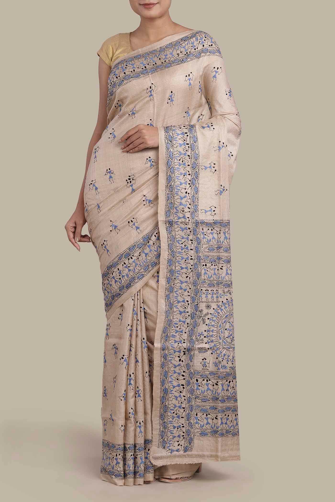 Beige Tussar Silk Saree