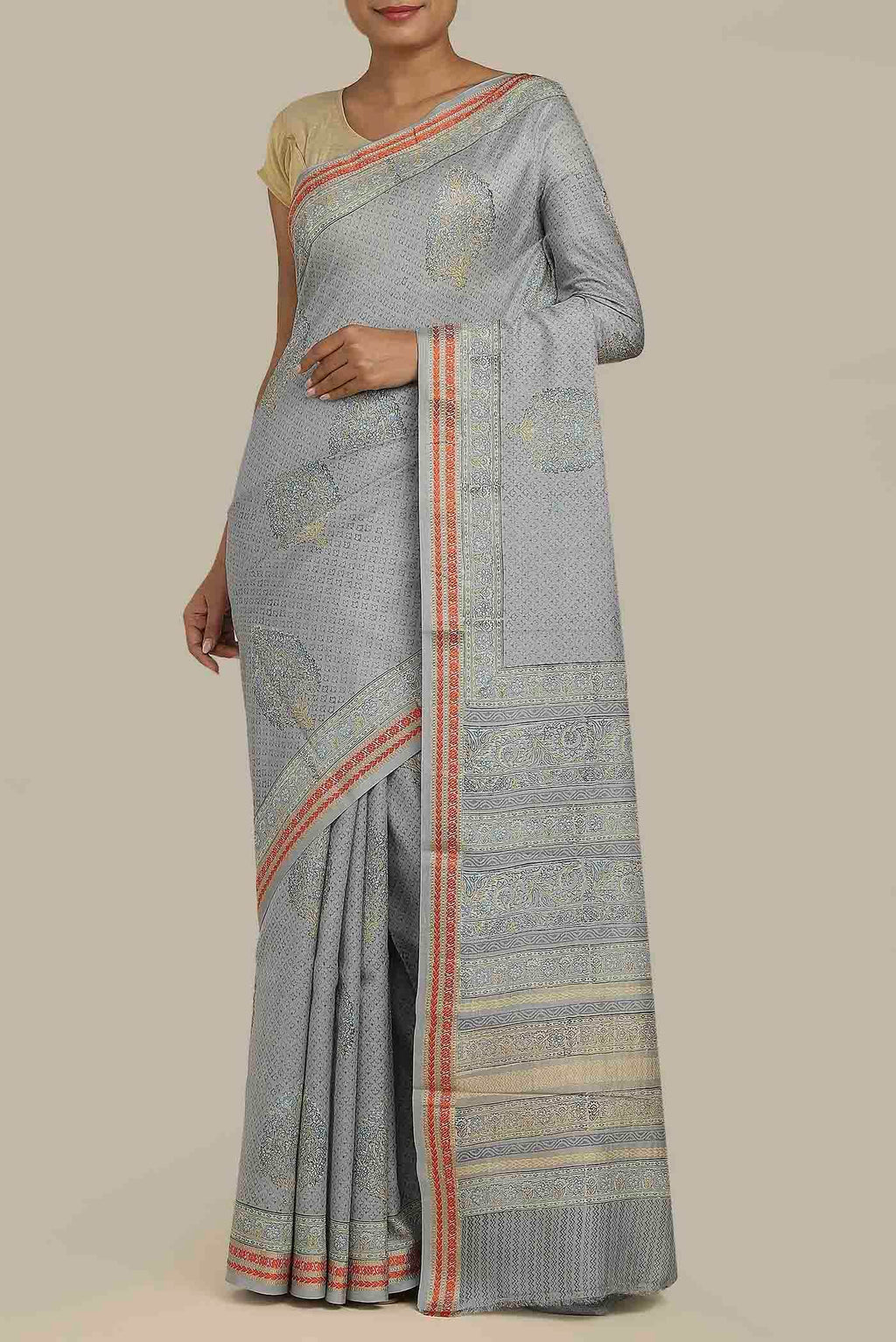 Grey Chanderi Silk Cotton Saree