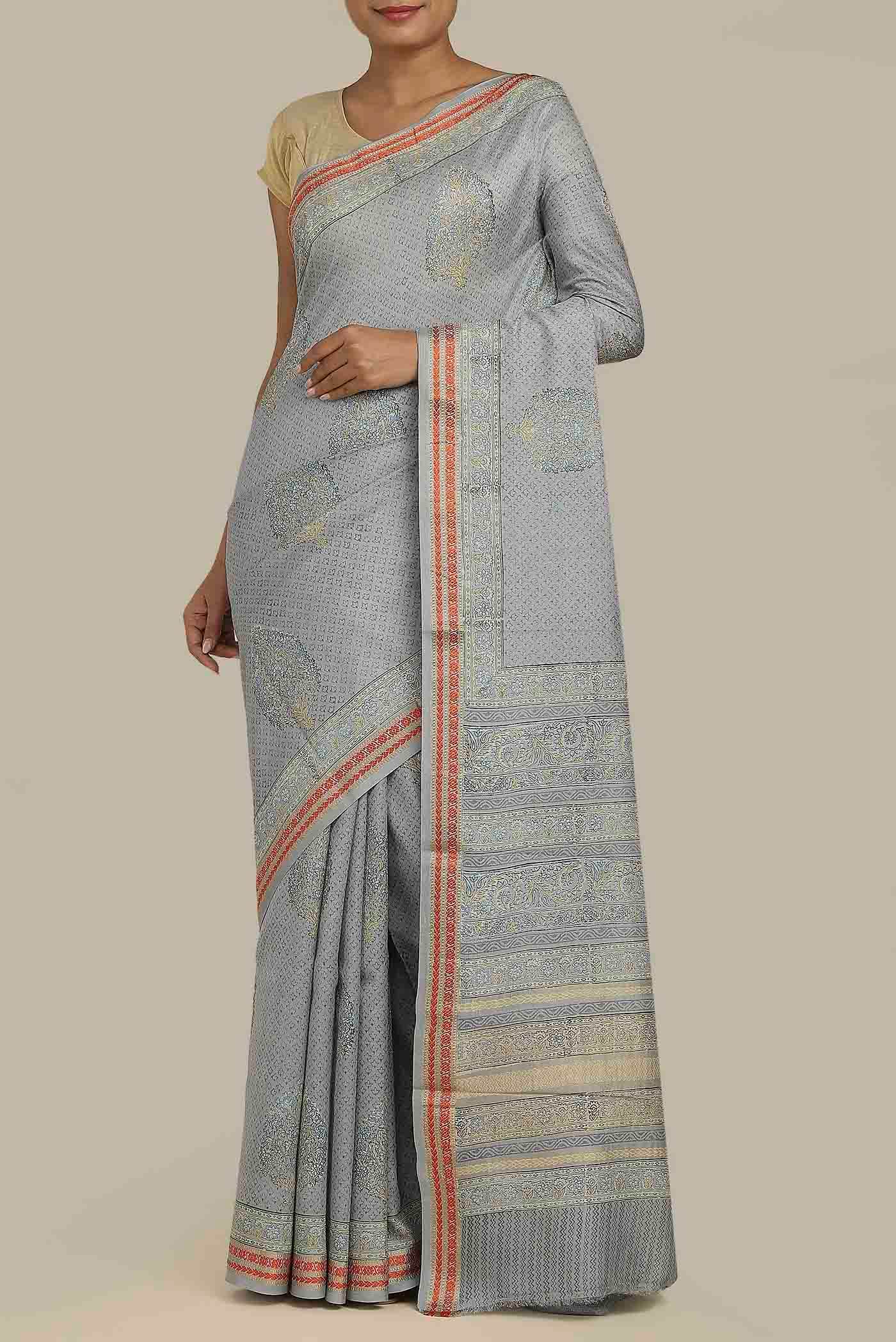 Grey Chanderi Silk Cotton Saree