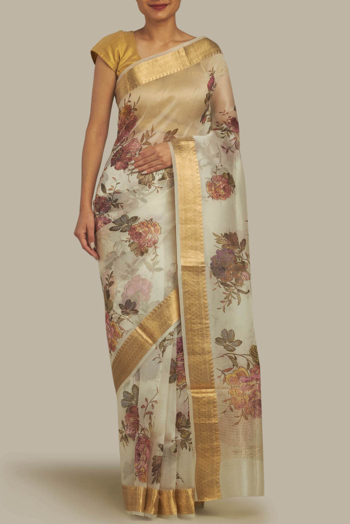 Cream Organza Silk Saree