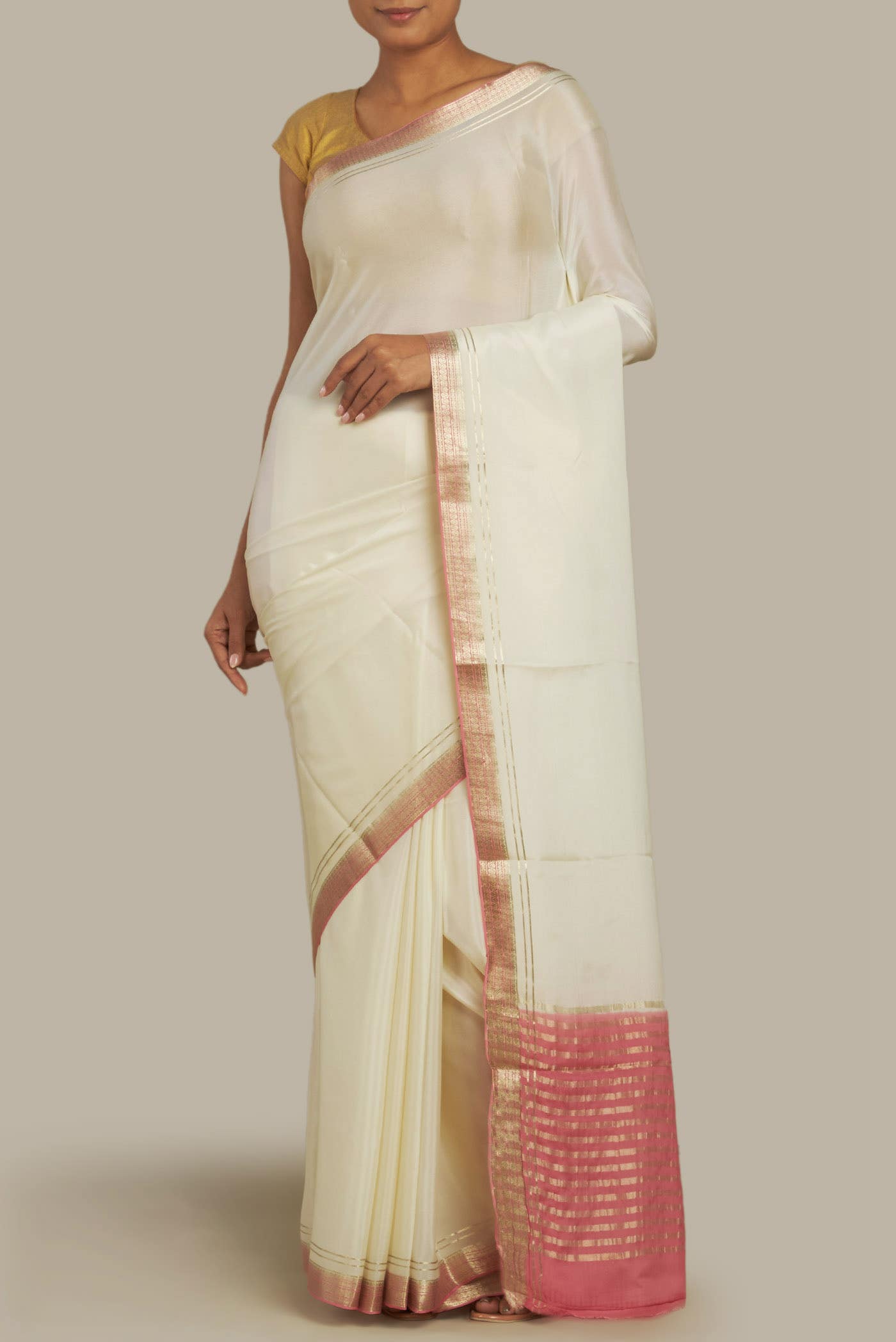 Cream Mysore Crepe Saree