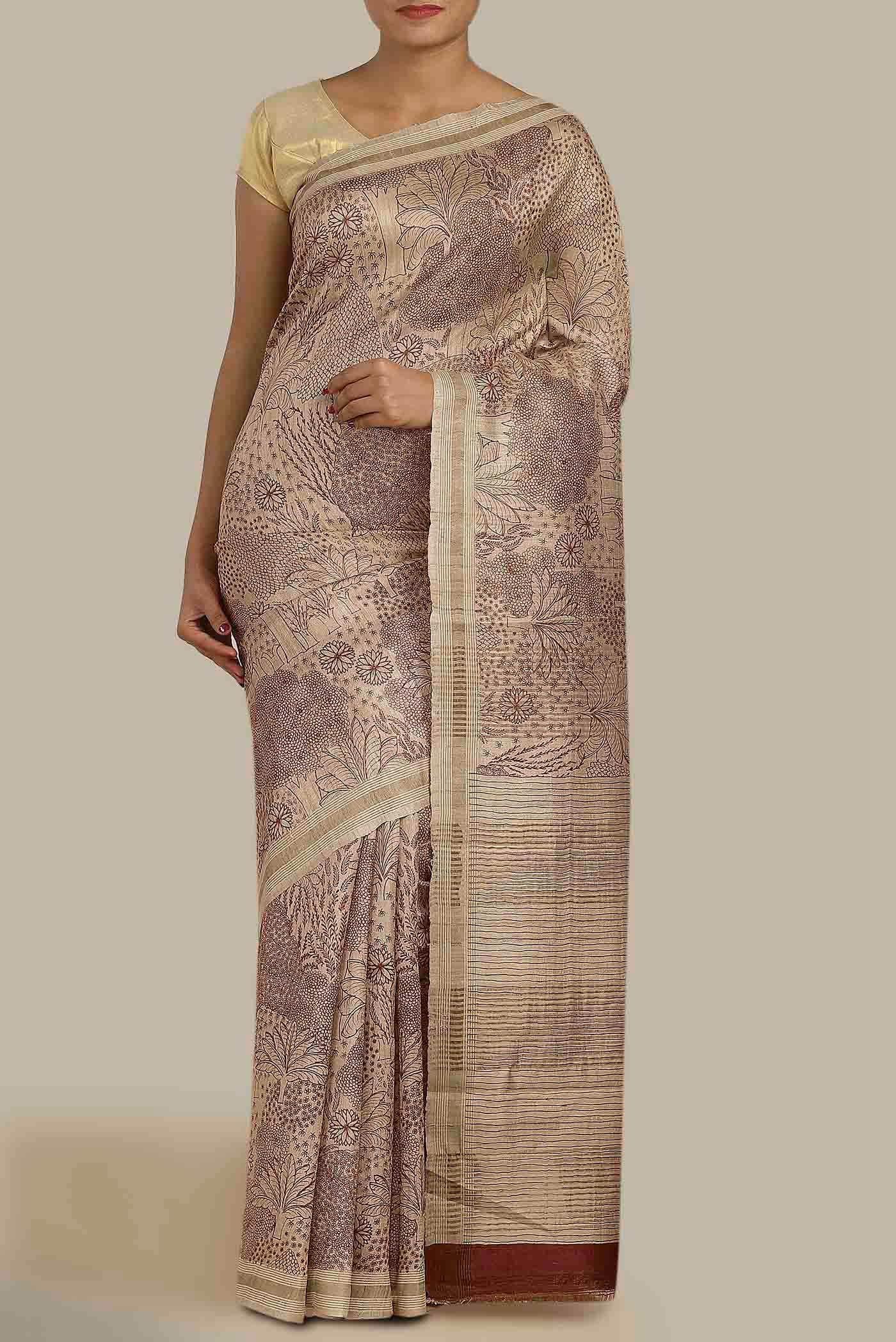 Beige Bhagalpuri Tussar Silk Saree