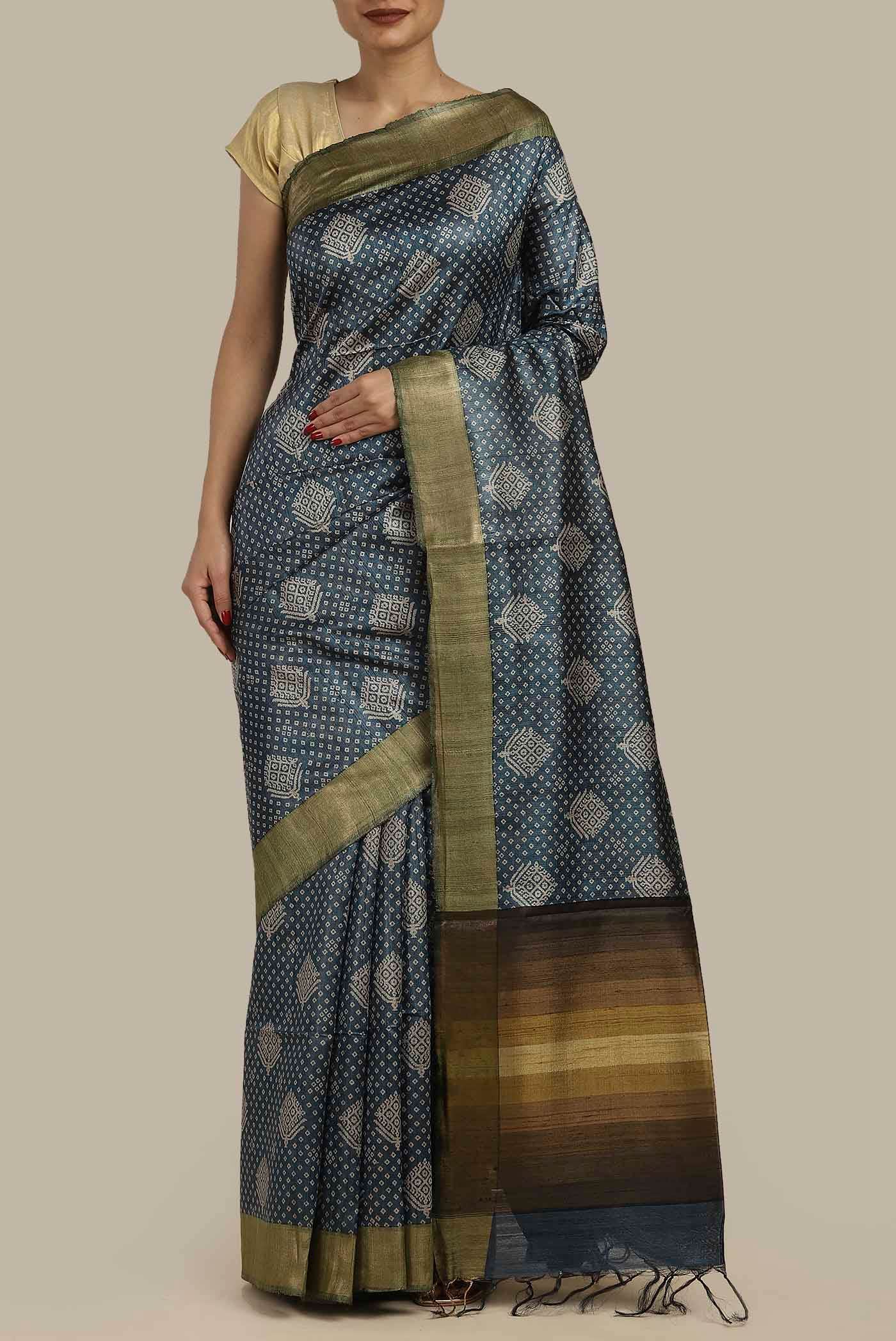 Blue Bhagalpuri Tussar Silk Saree