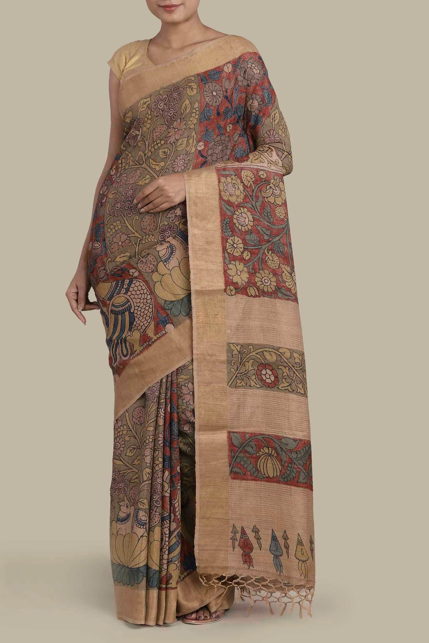 Brown Tussar Silk Saree