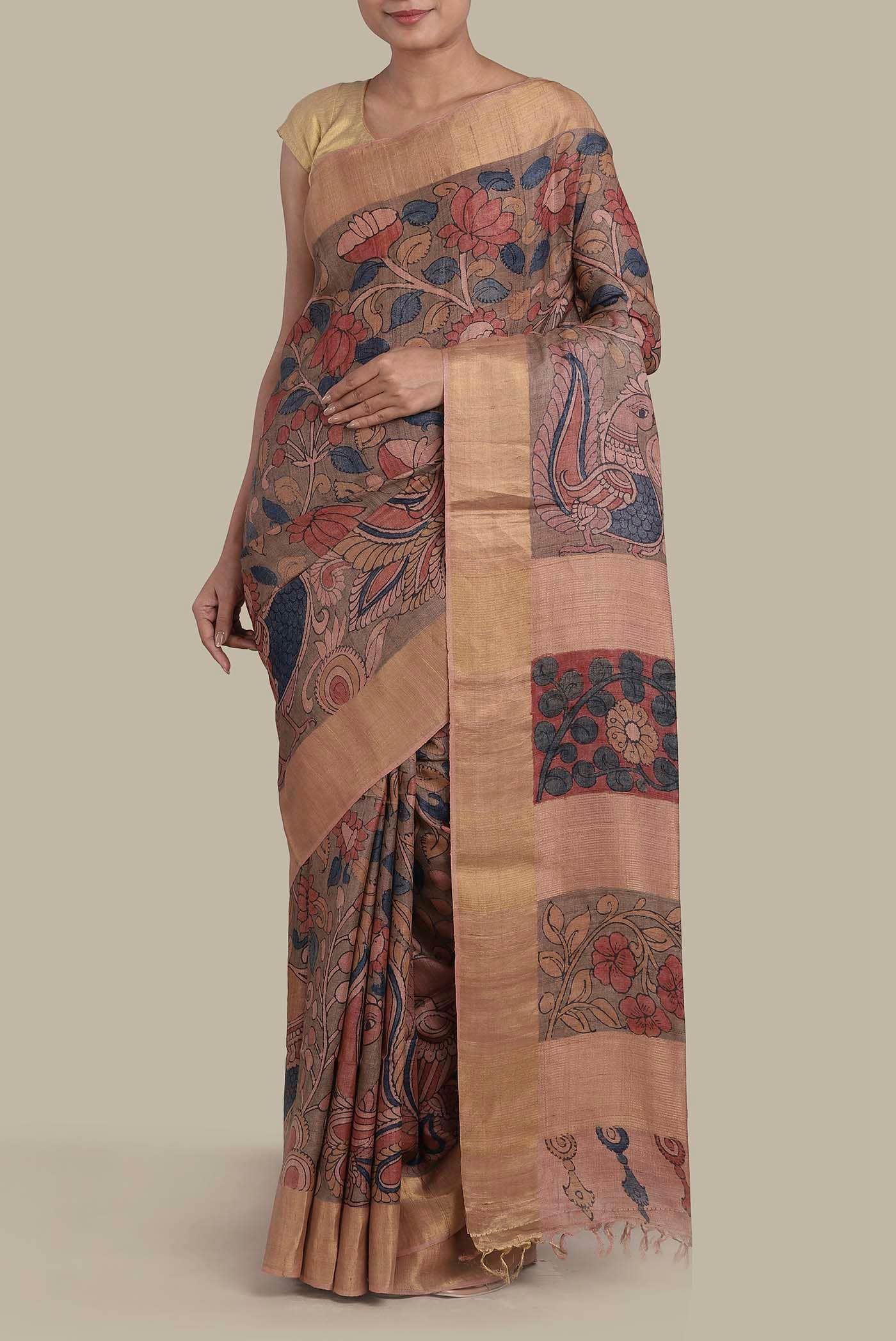Beige Tussar Silk Saree