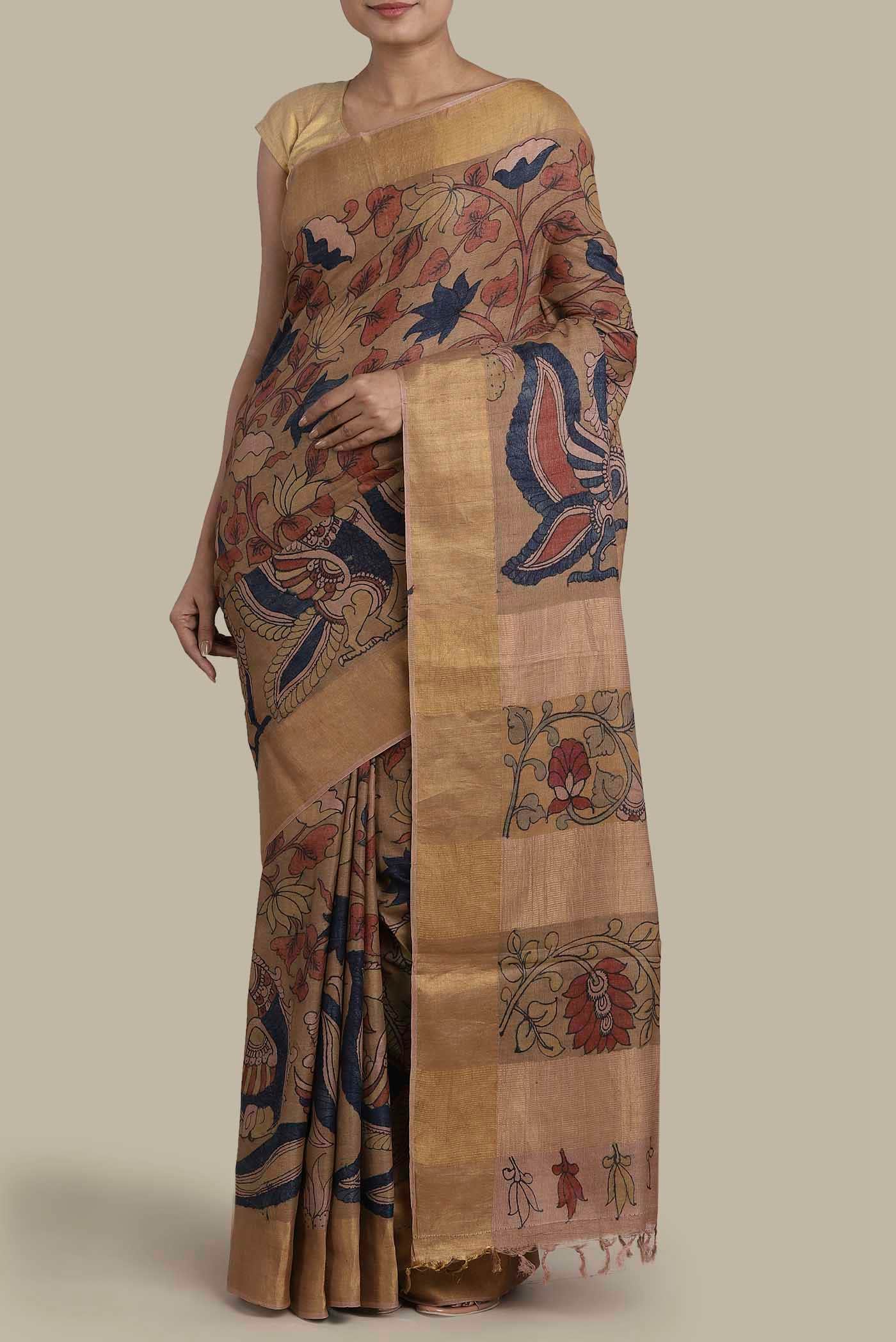 Beige Tussar Silk Saree