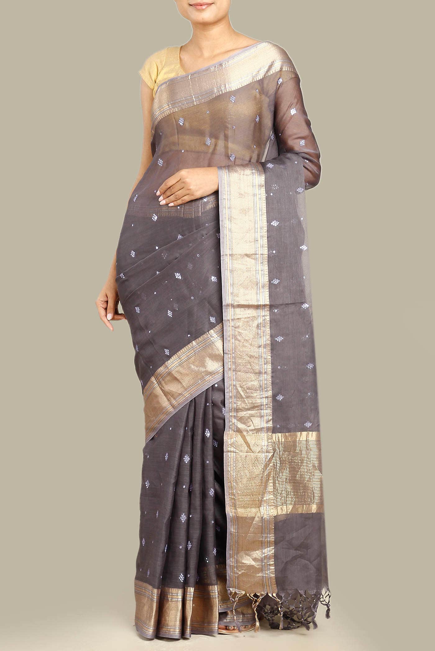 Grey Maheshwari Silk Cotton Saree