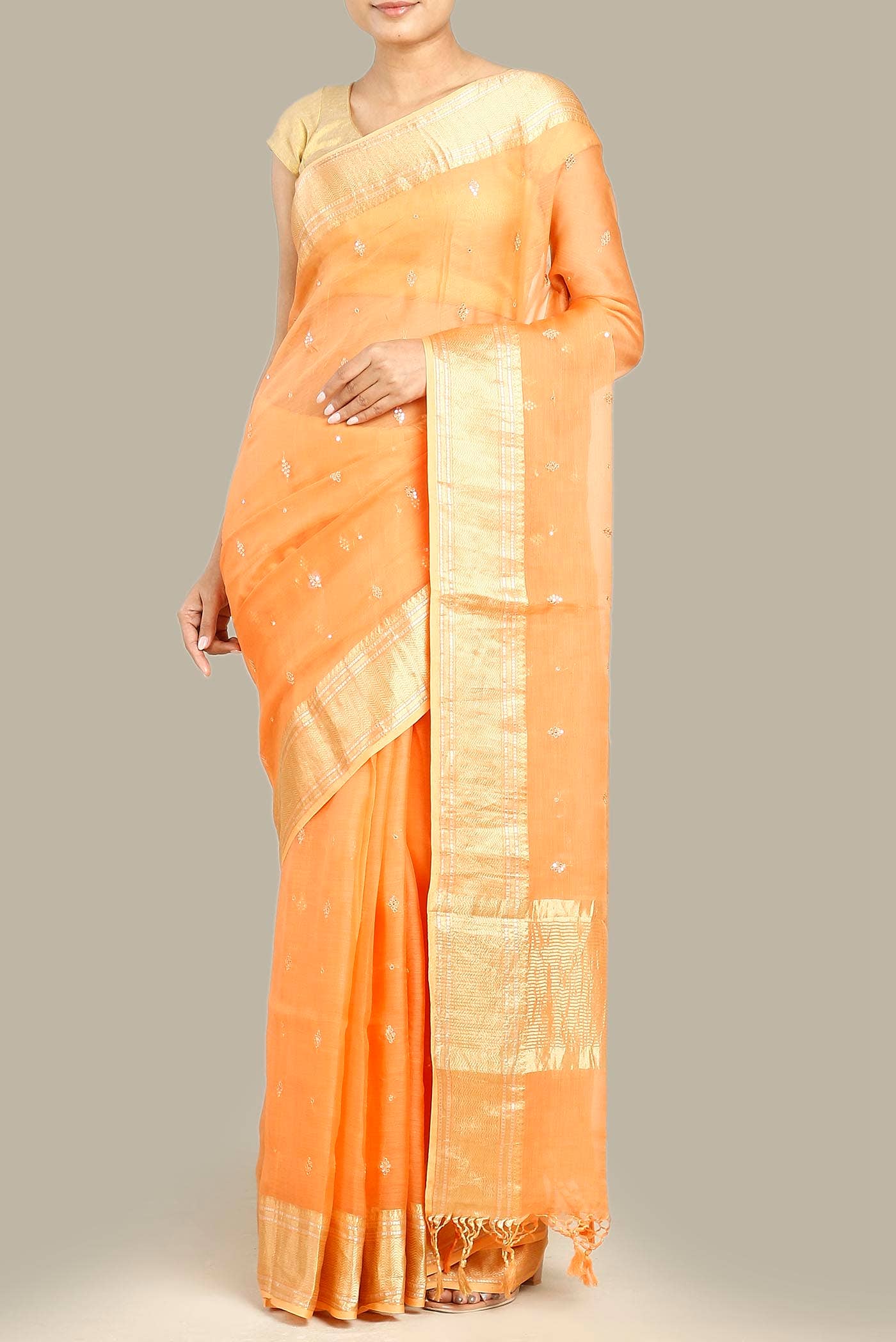 Peach Maheshwari Silk Cotton Saree