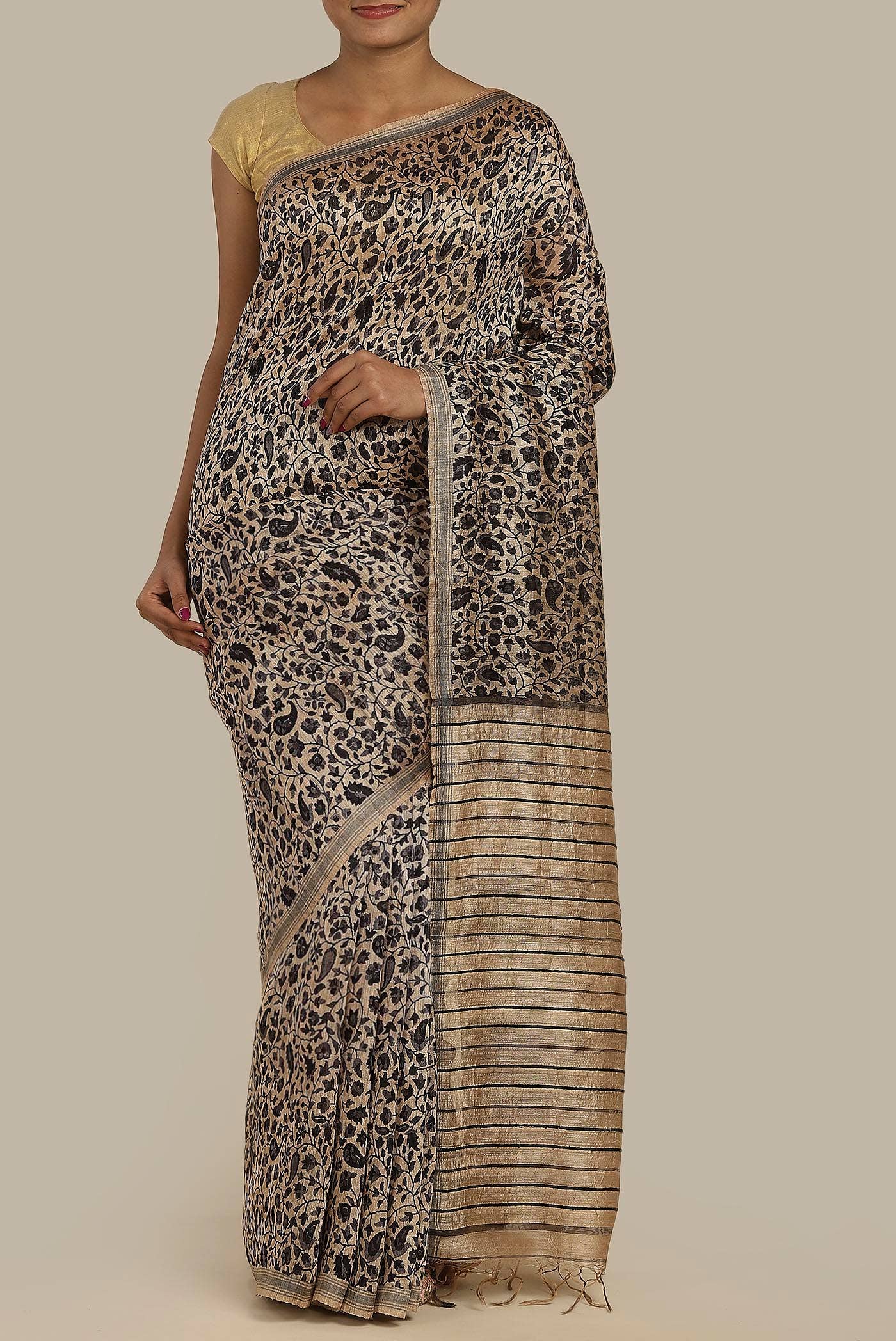 Beige Bhagalpuri Tussar Silk Saree