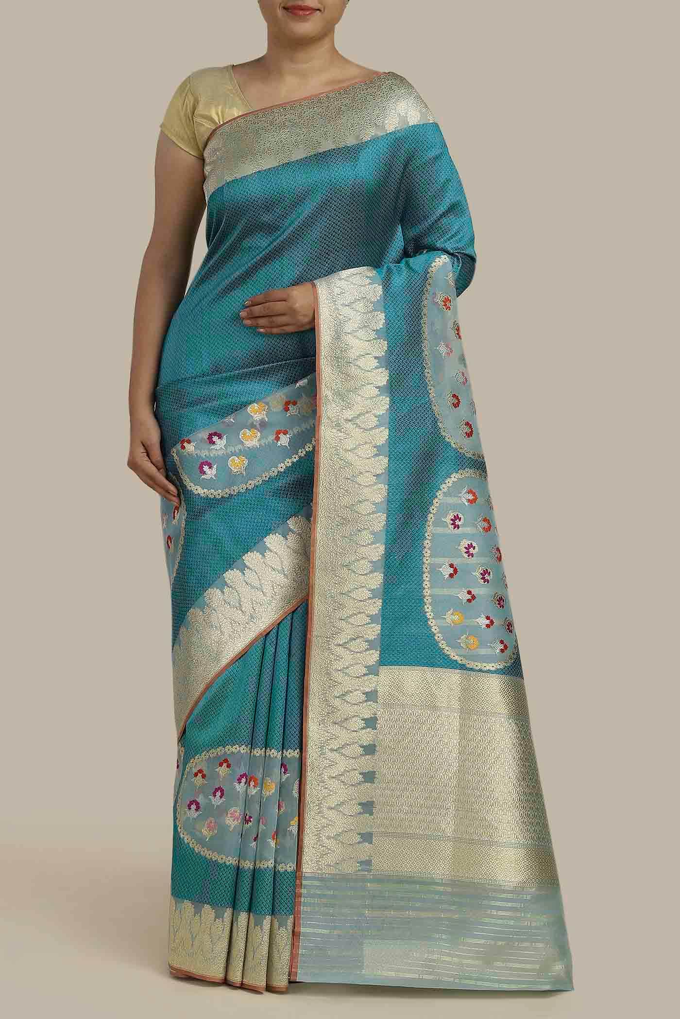 Blue Banarasi Kora Silk Saree