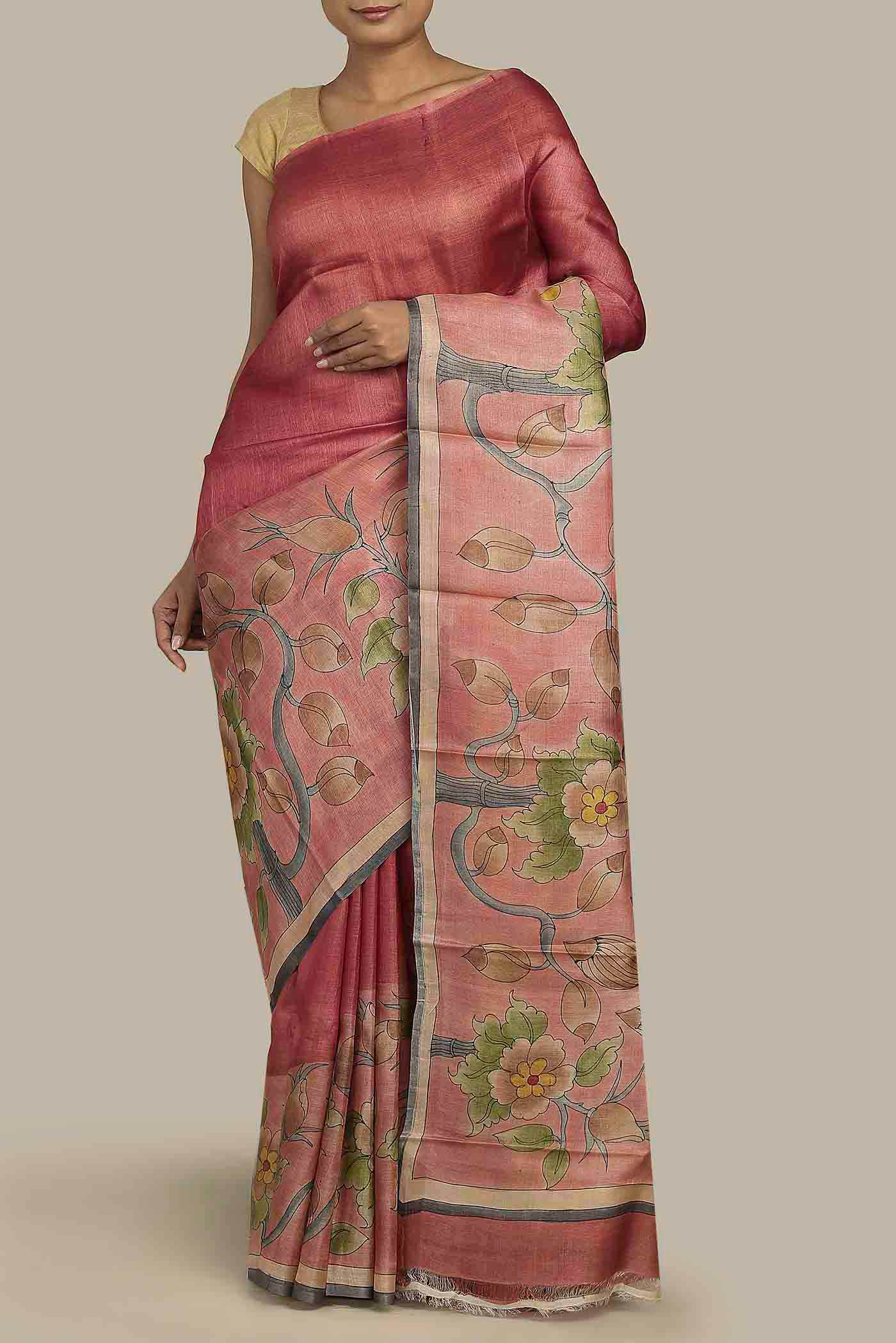 Coral Bhagalpuri Tussar Silk Saree