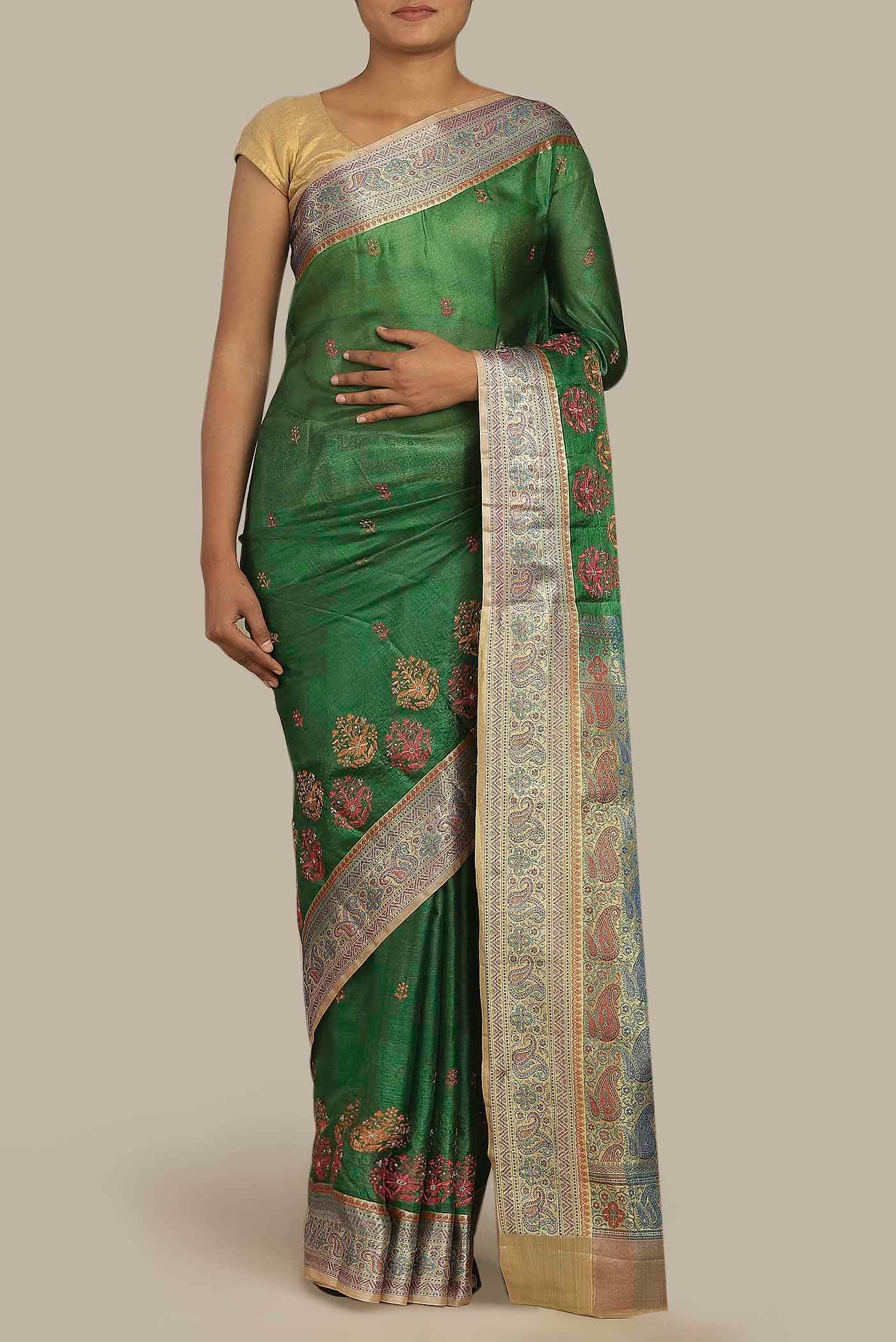 Green Banarasi Tussar Silk Saree