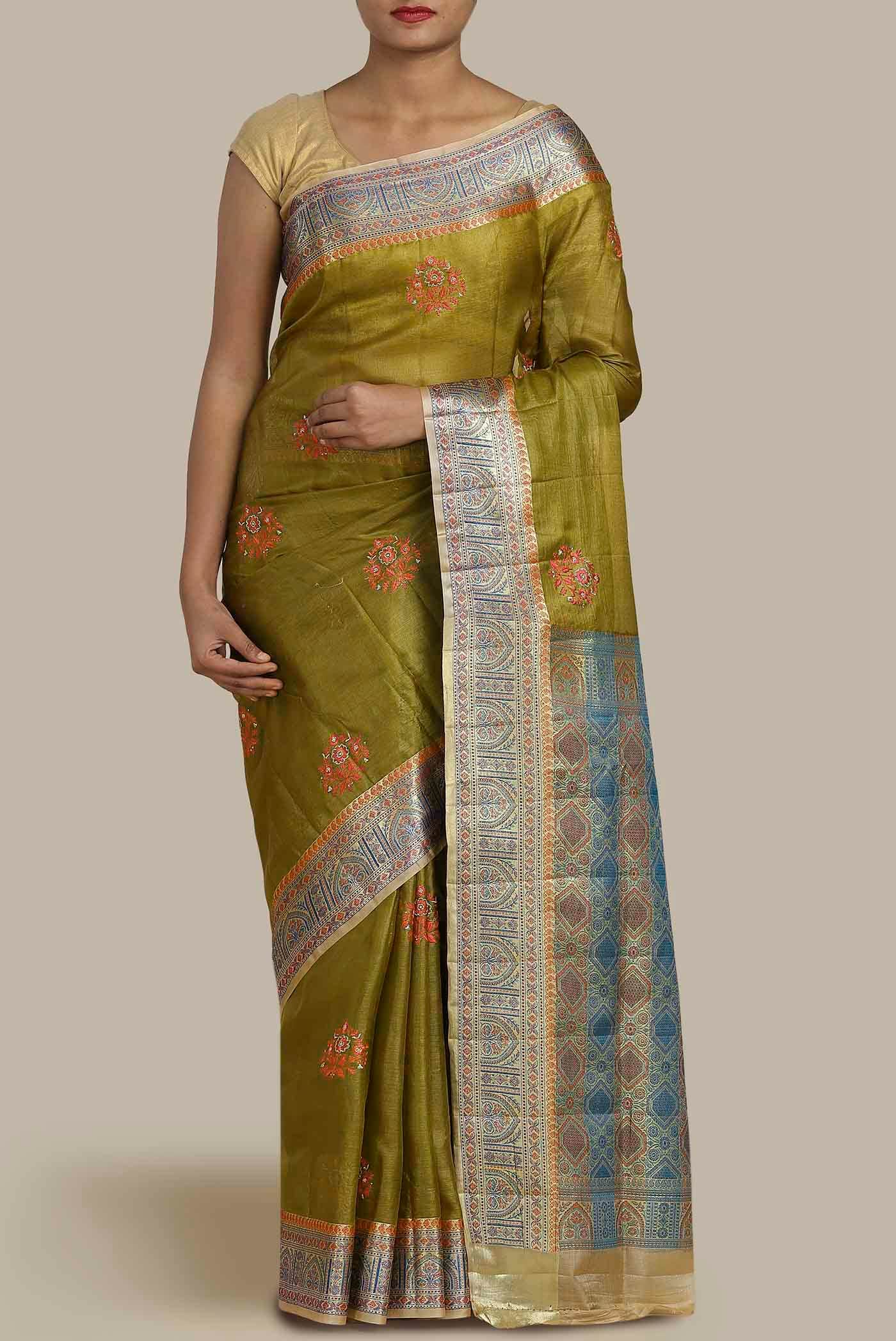 Mehandi Green Banarasi Tussar Silk Saree