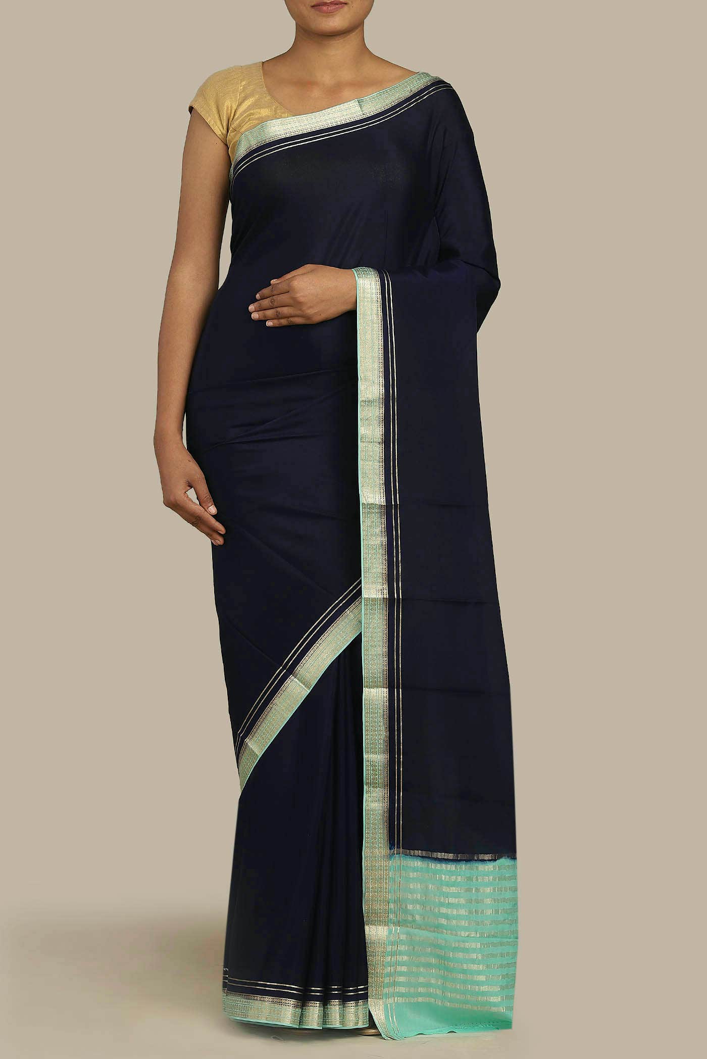 Navy Blue Mysore Crepe Saree