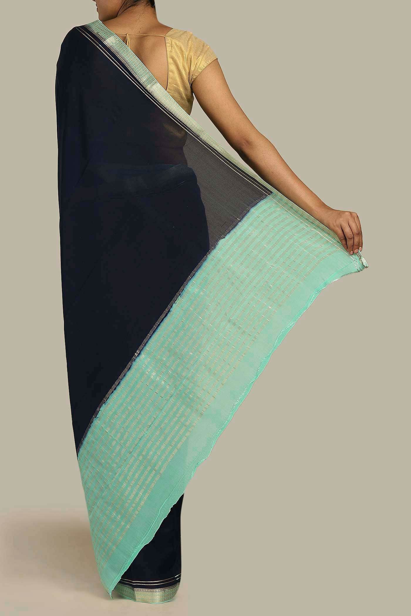 Navy Blue Mysore Crepe Saree