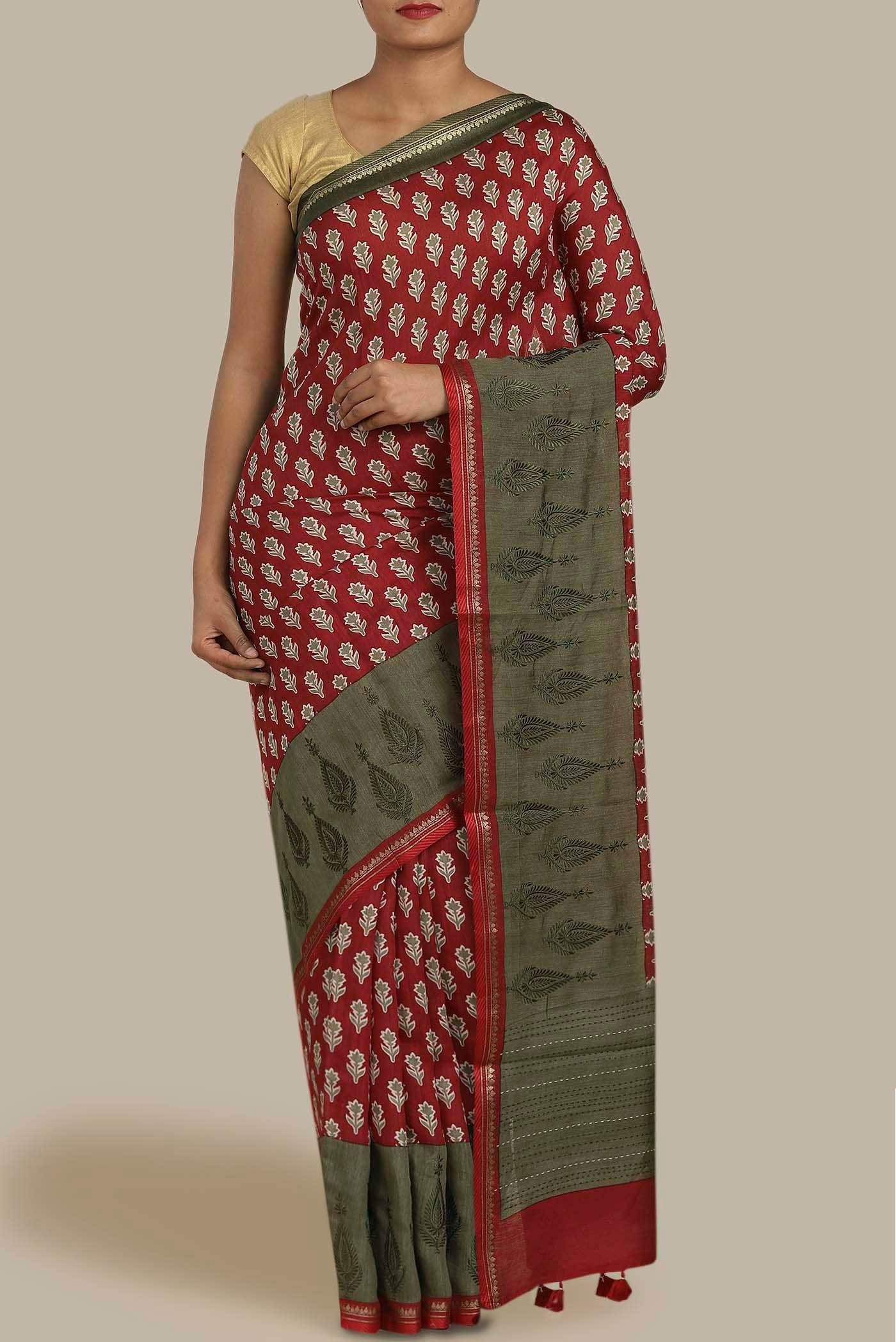 Red Bhagalpuri Tussar Silk Saree