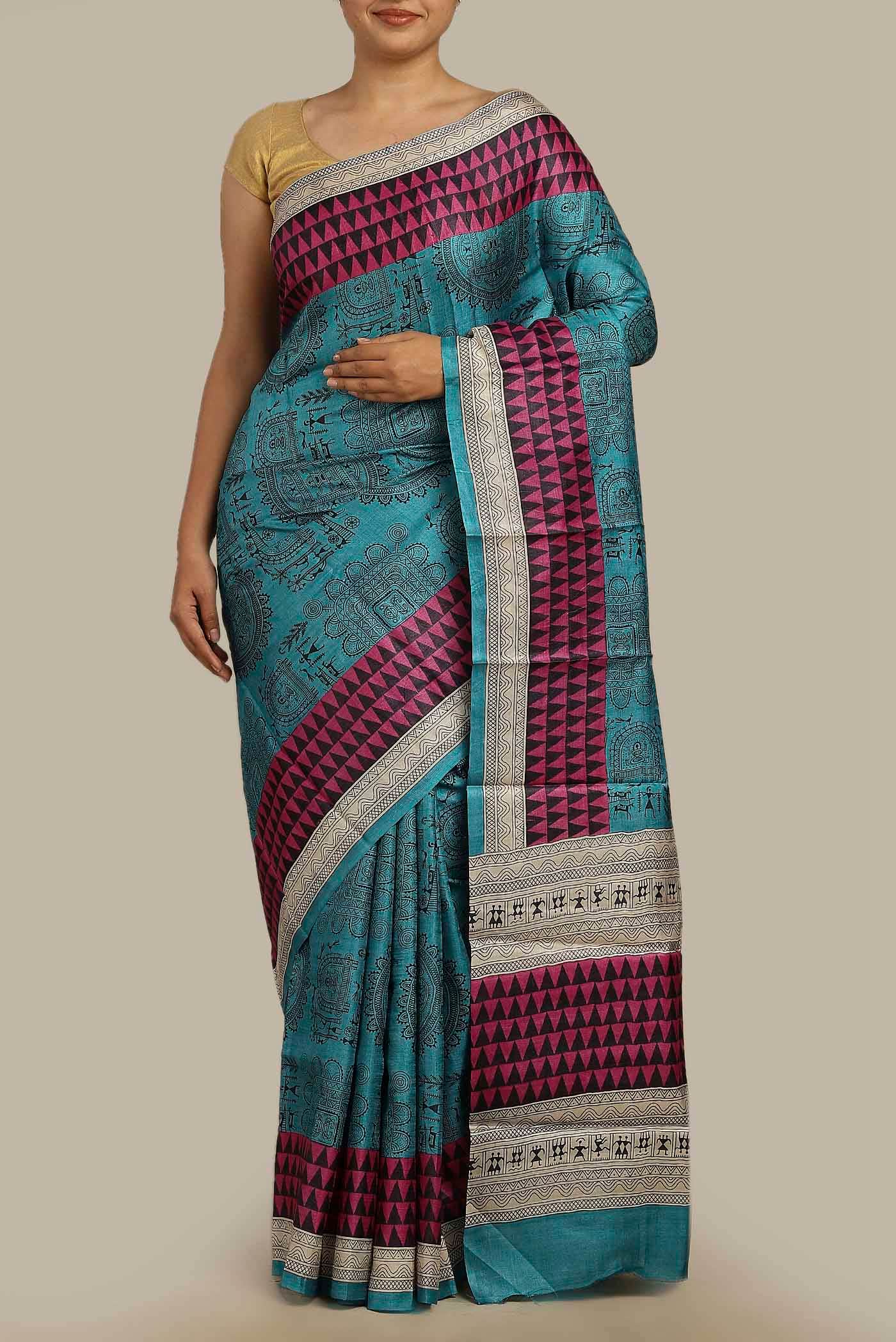 Blue Bhagalpuri Tussar Silk Saree