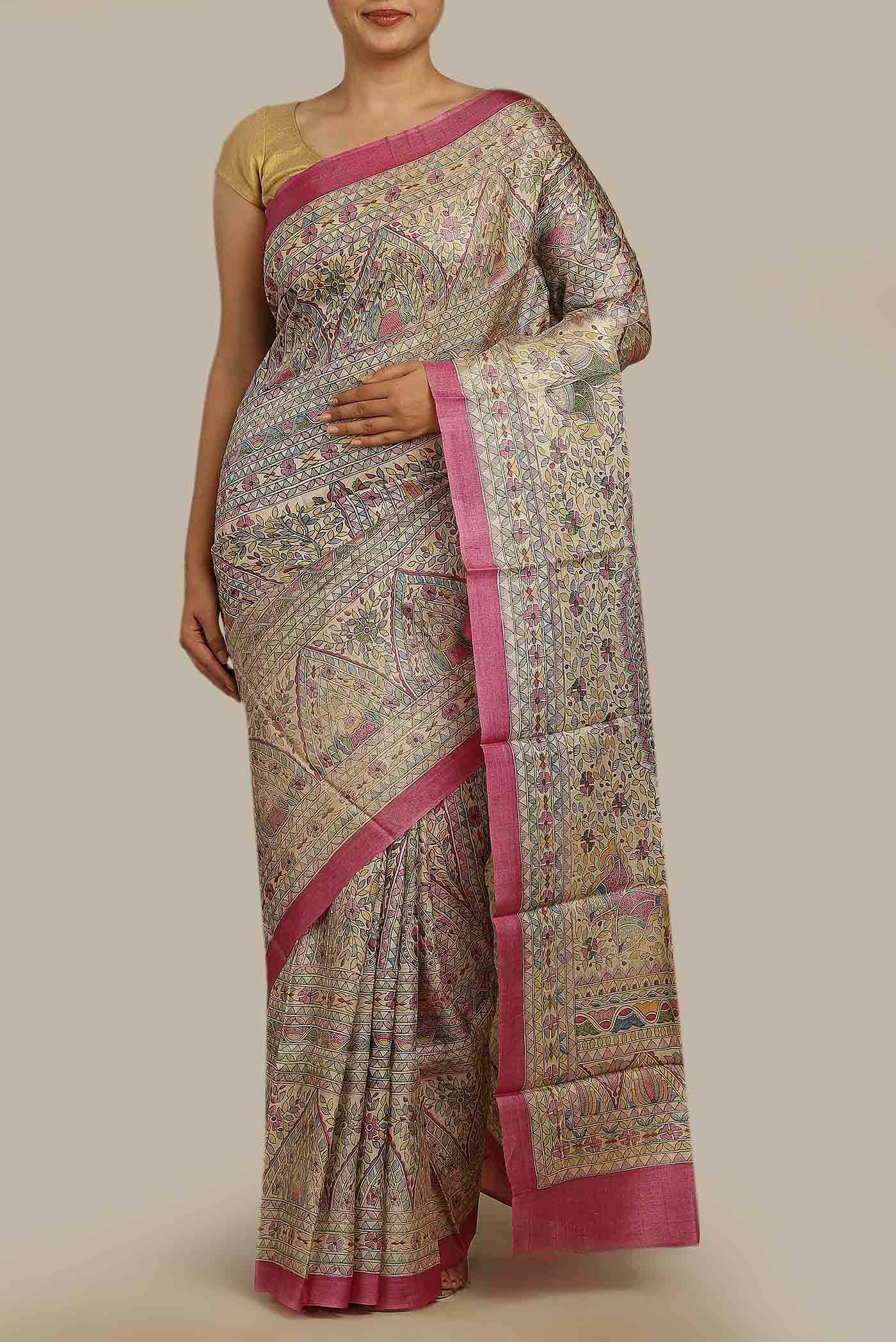 Beige Bhagalpuri Tussar Silk Saree