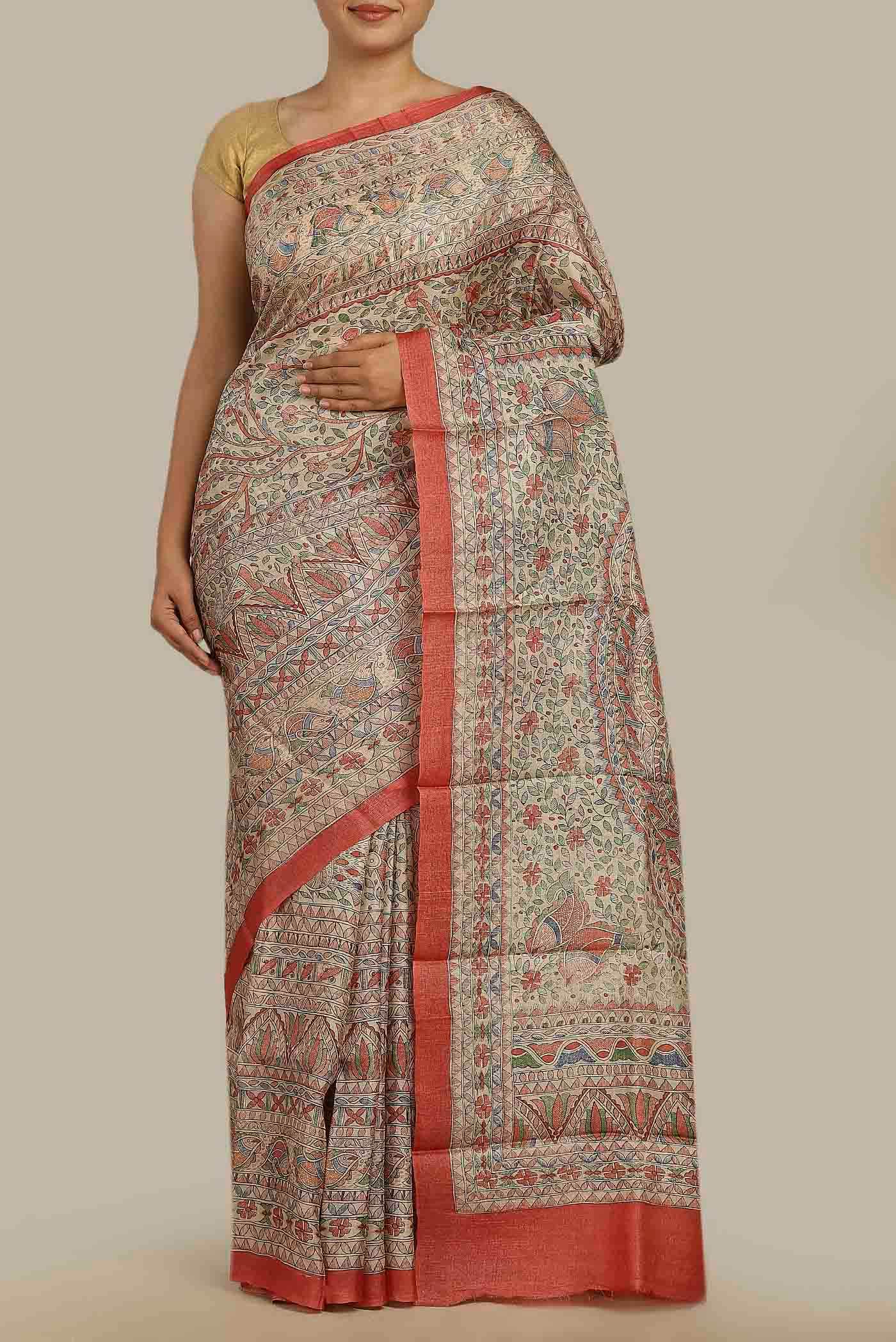Beige Bhagalpuri Tussar Silk Saree