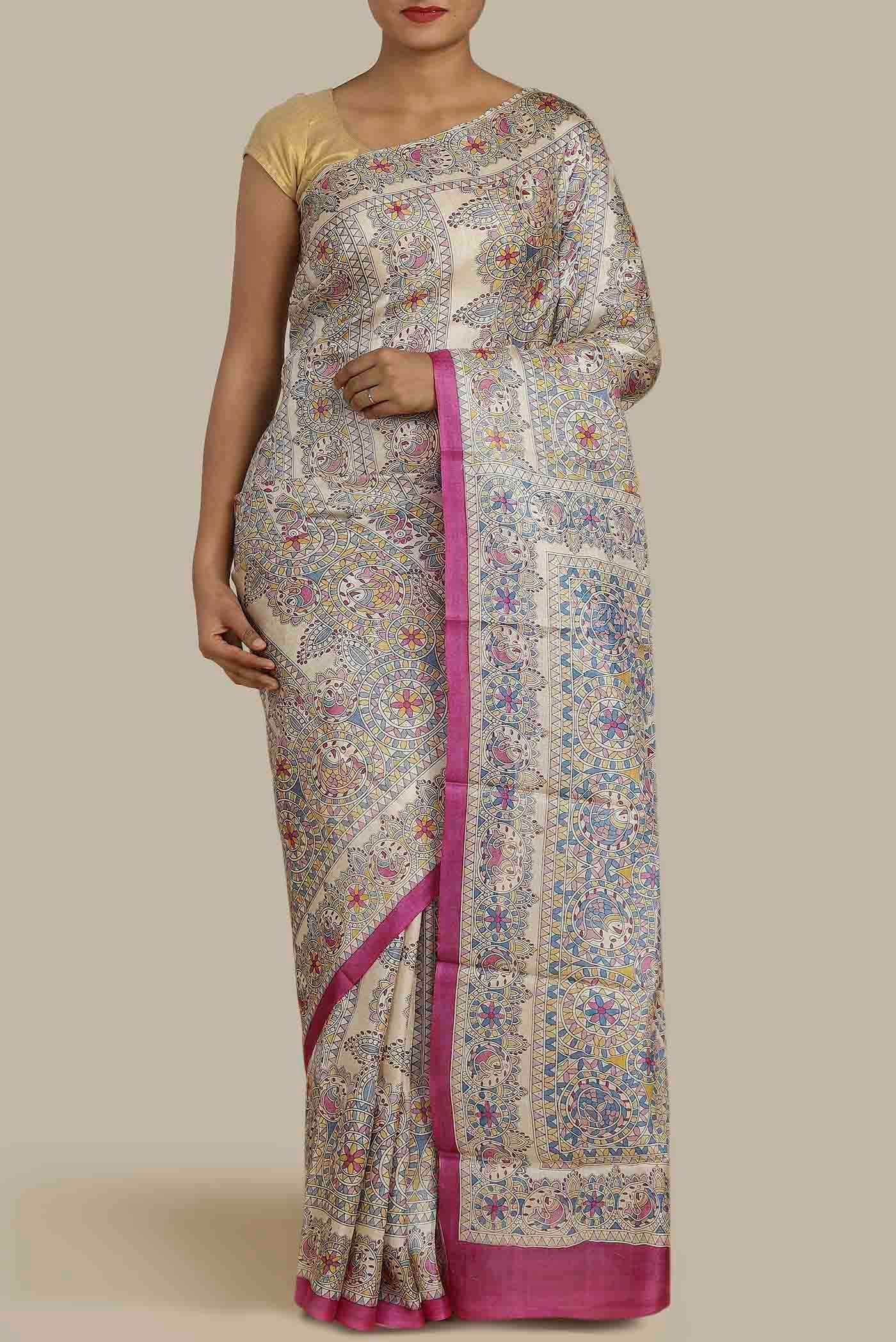 Beige Bhagalpuri Tussar Silk Saree