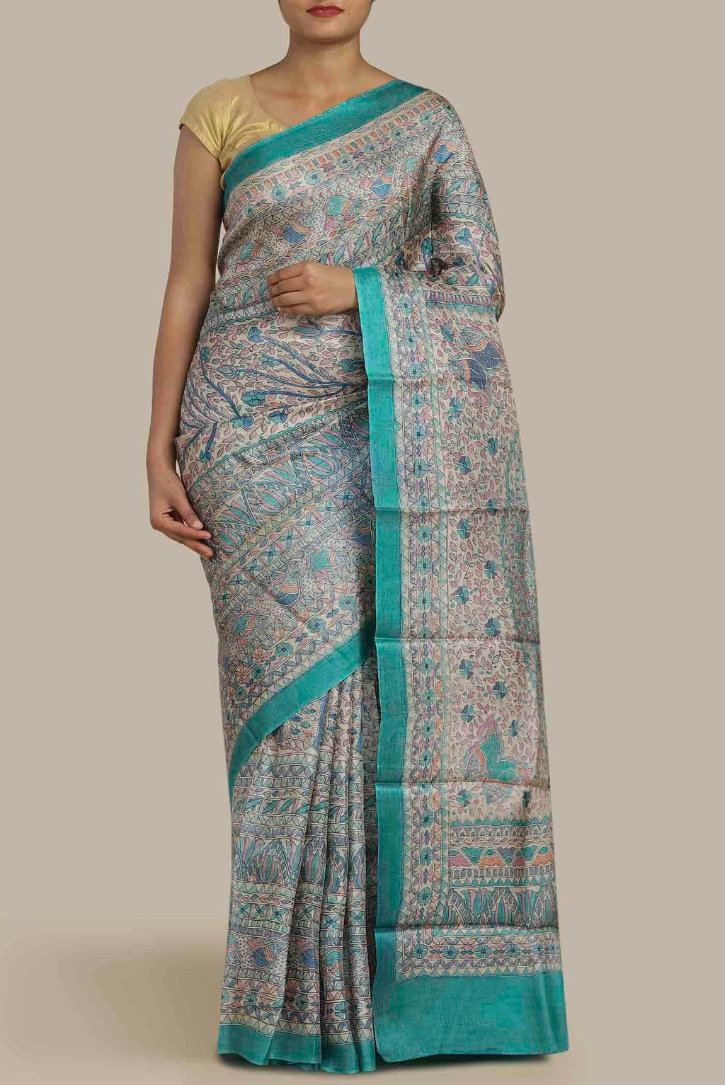 Beige Bhagalpuri Tussar Silk Saree