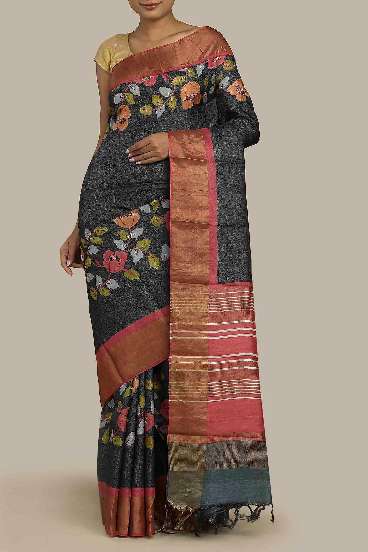 Black Bhagalpuri Tussar Silk Saree