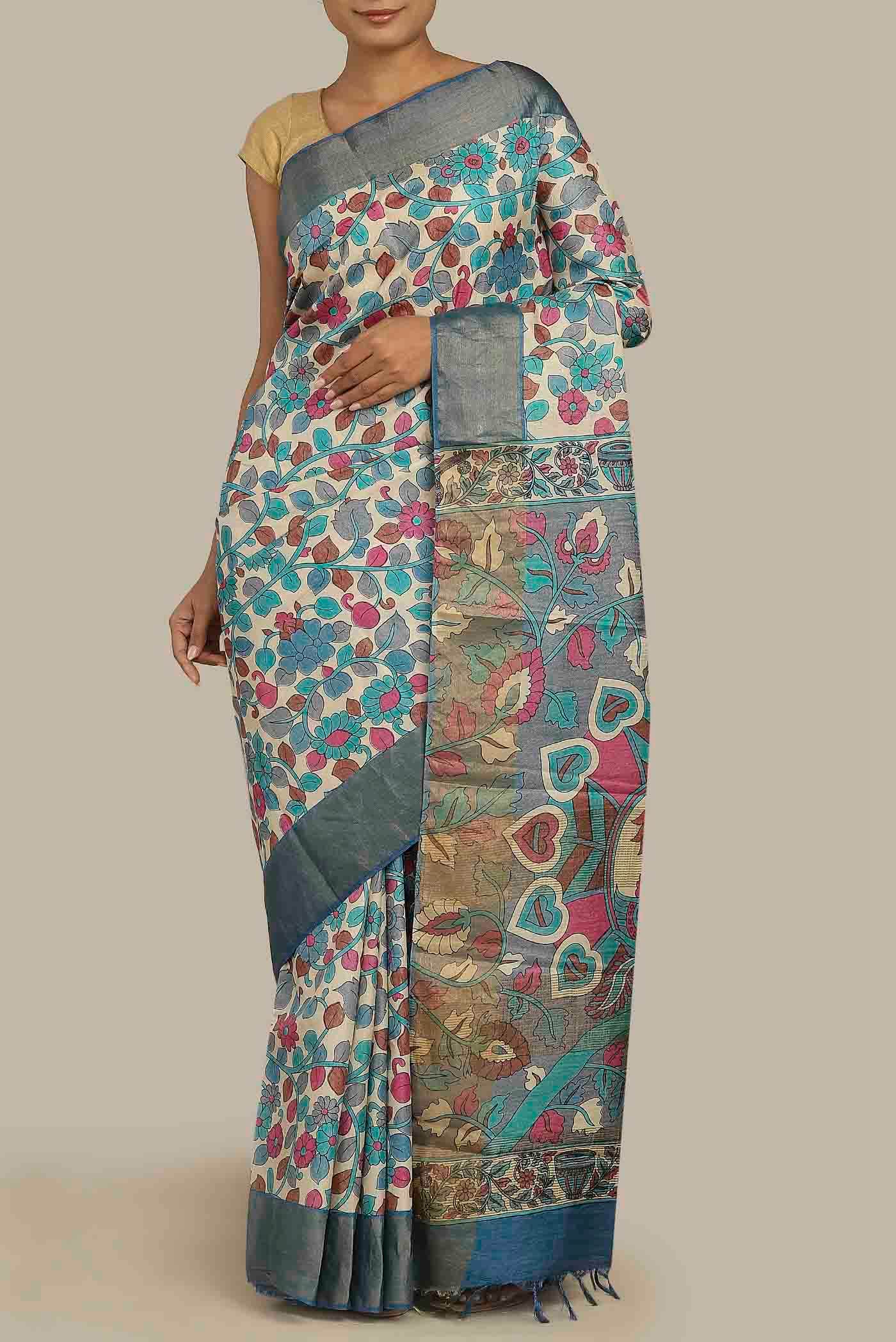 Beige Bhagalpuri Tussar Silk Saree