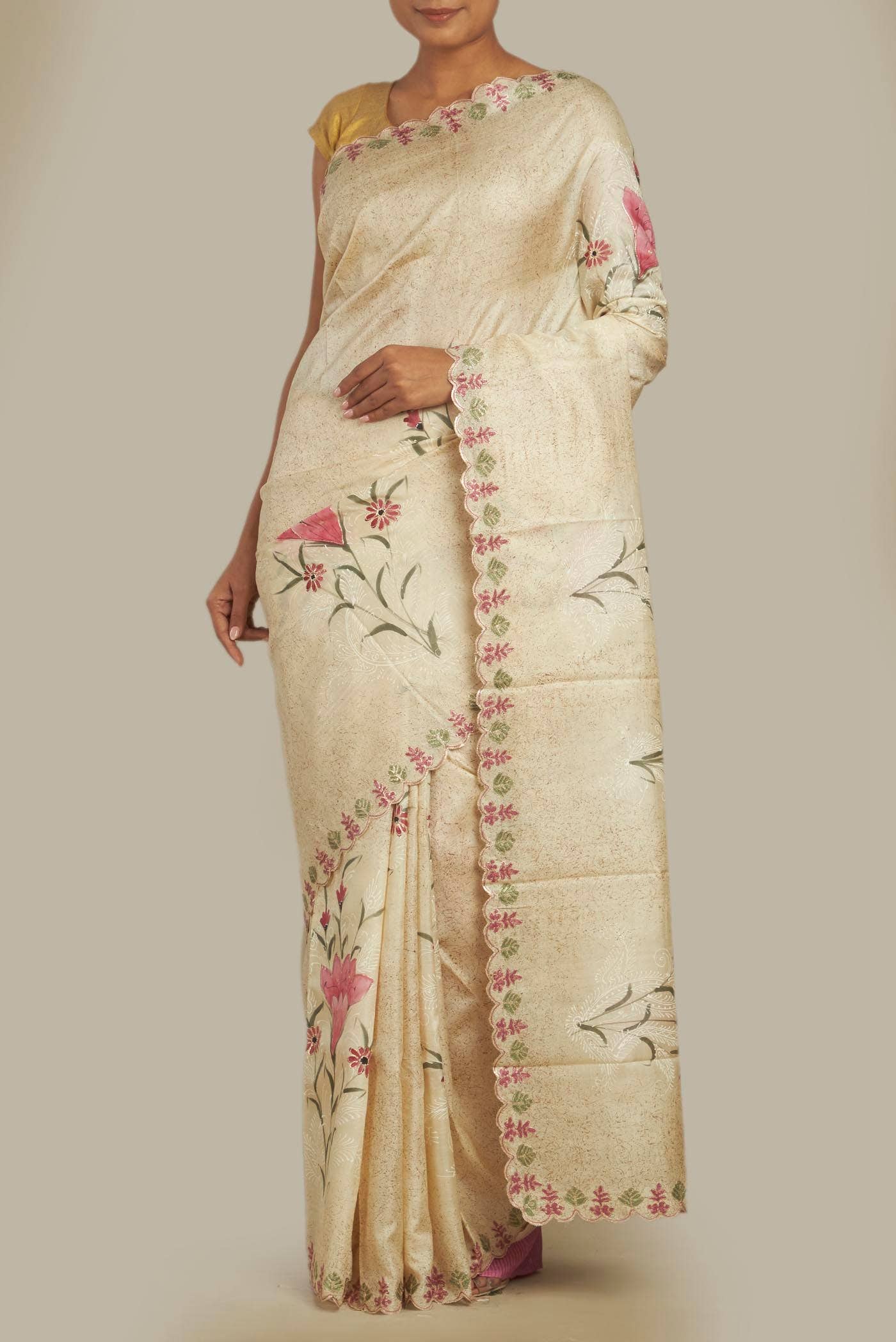 Cream Tussar Silk Saree