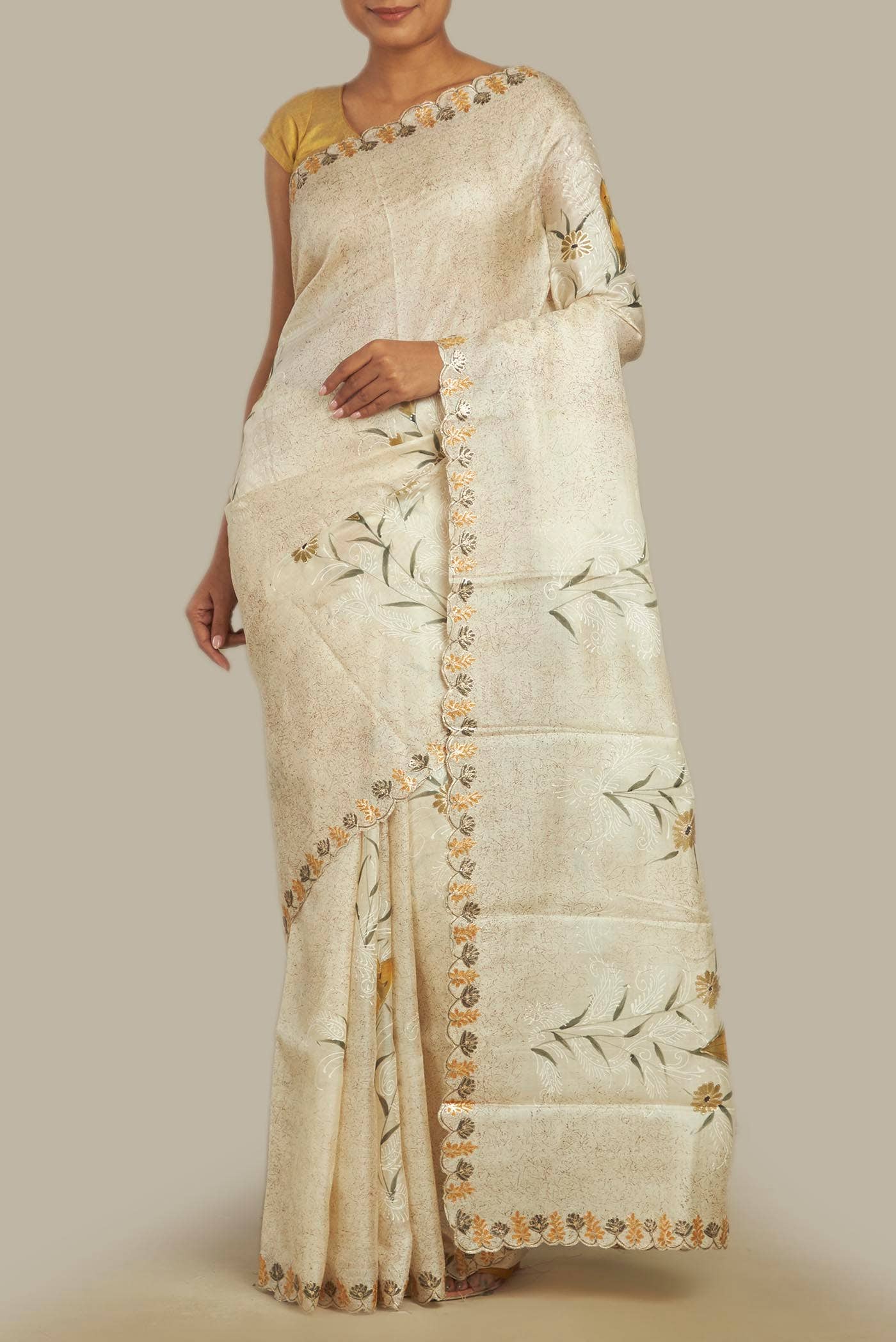 Cream Tussar Silk Saree