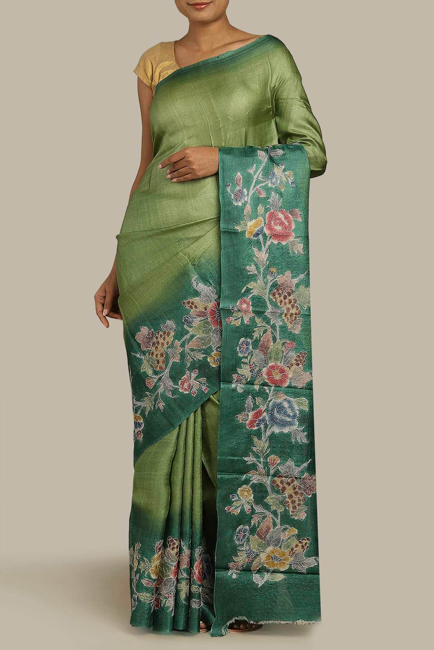 Green Bhagalpuri Tussar Silk Saree
