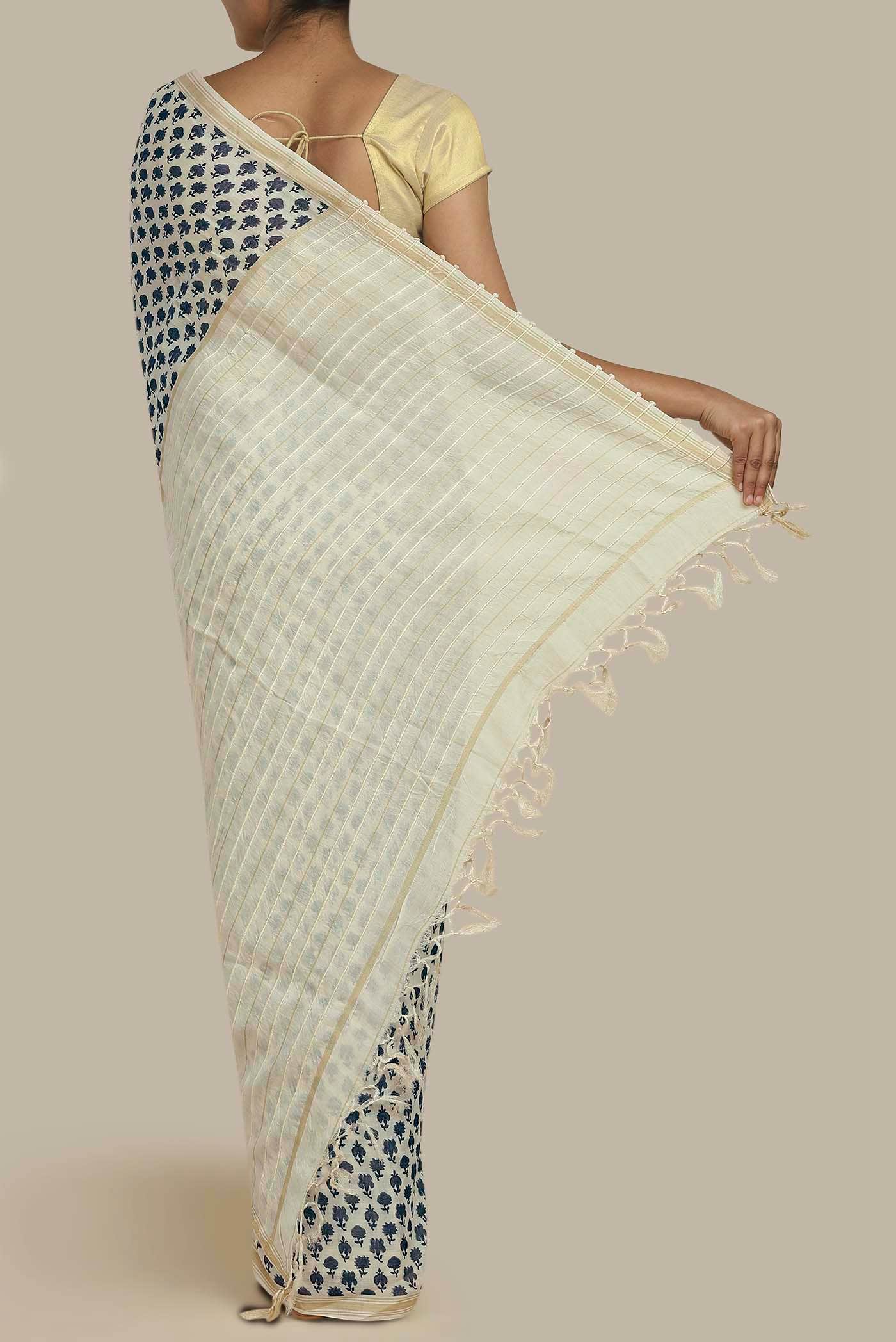 Cream Tussar Silk Saree