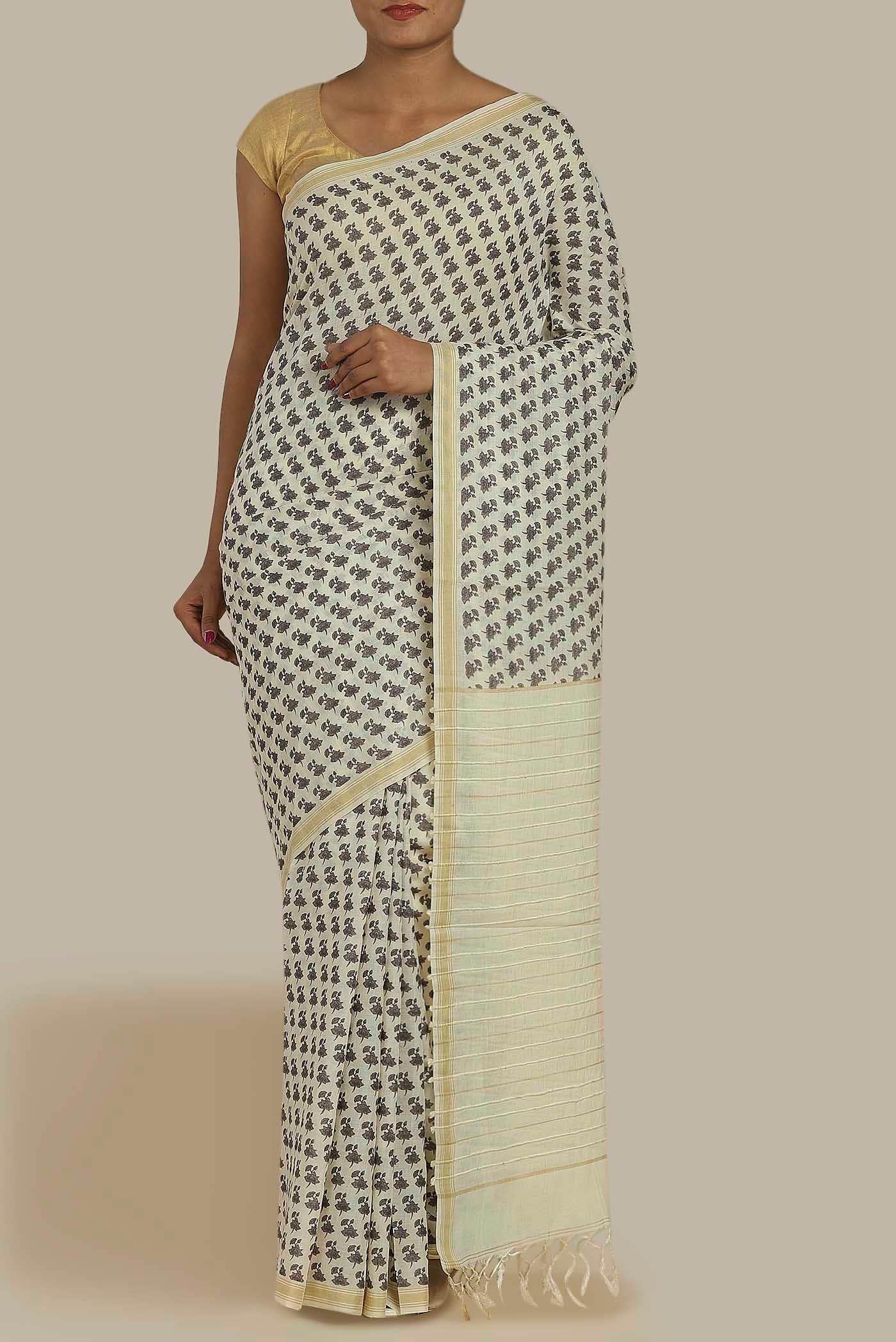 Cream Tussar Silk Saree