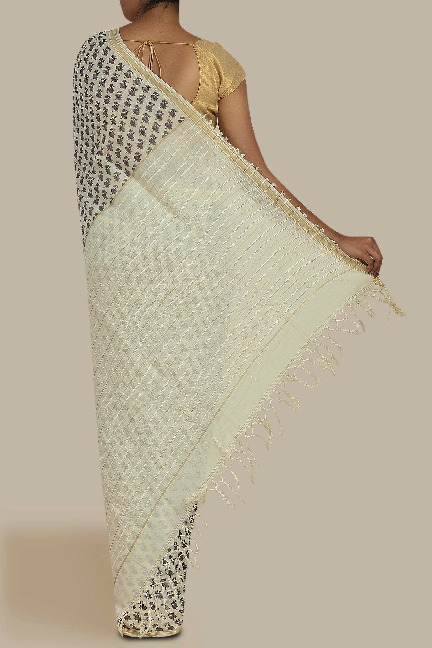 Cream Tussar Silk Saree