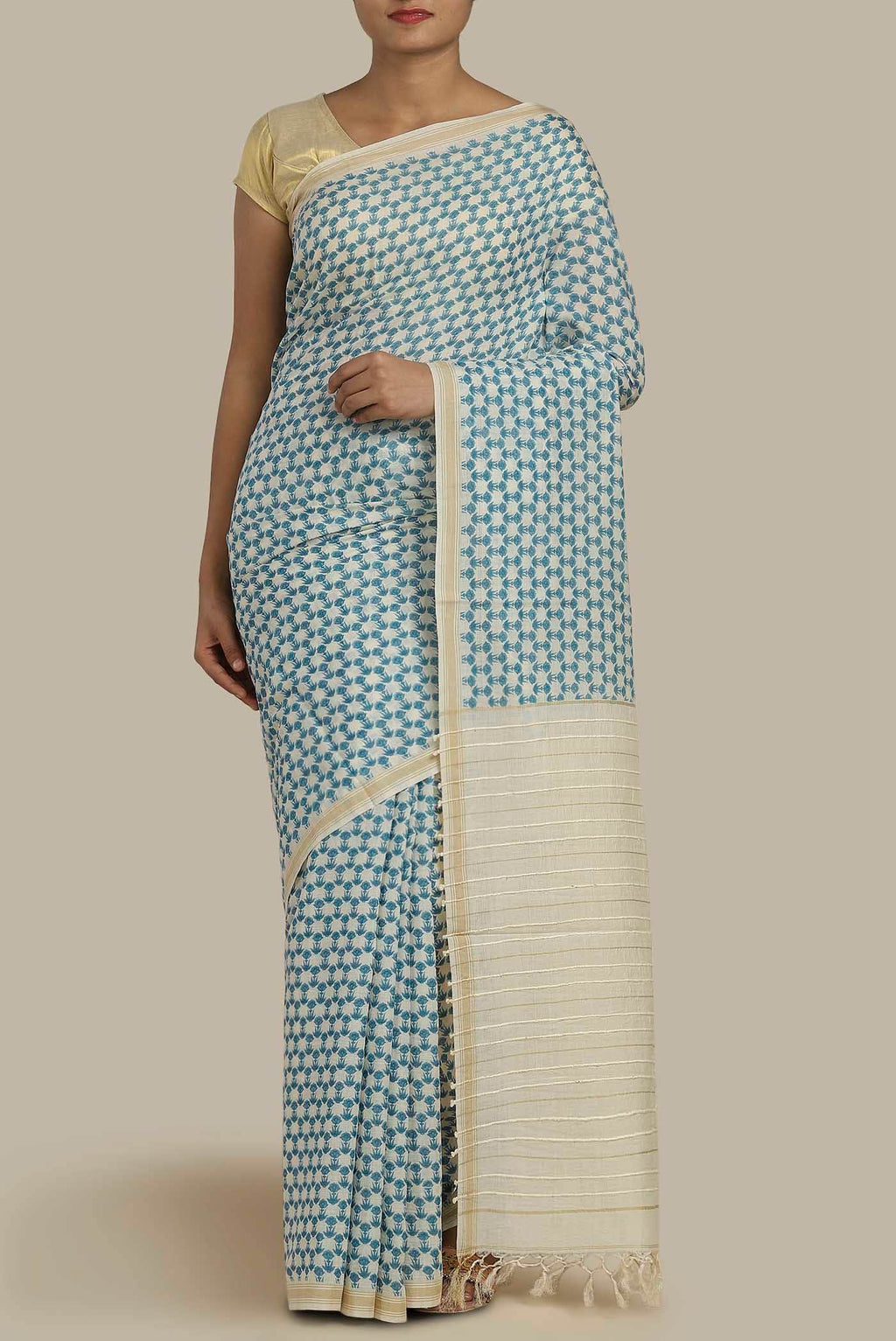 Cream Tussar Silk Saree