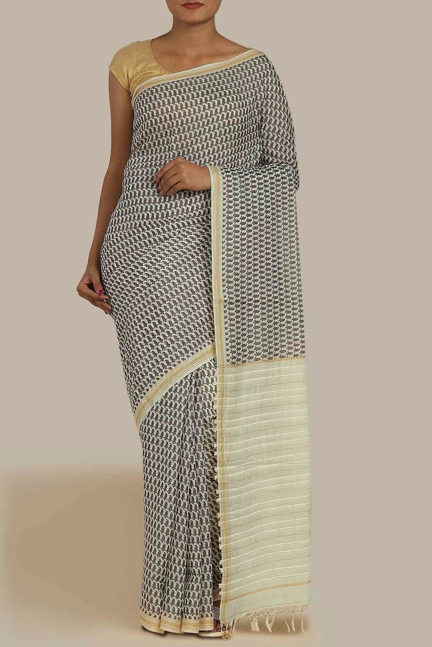 Cream Tussar Silk Saree