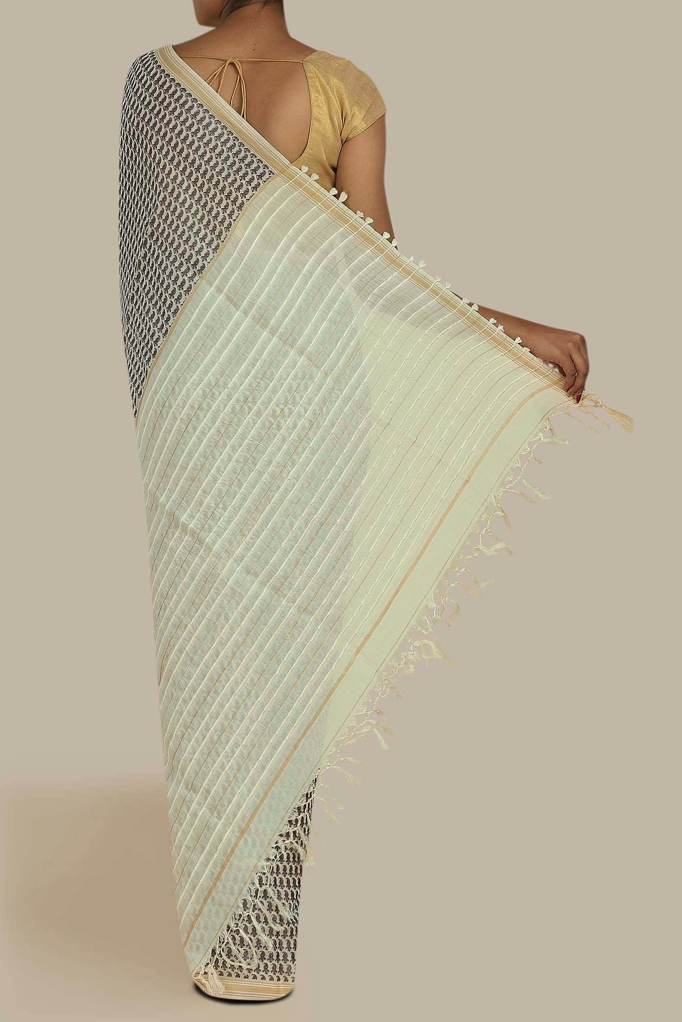 Cream Tussar Silk Saree