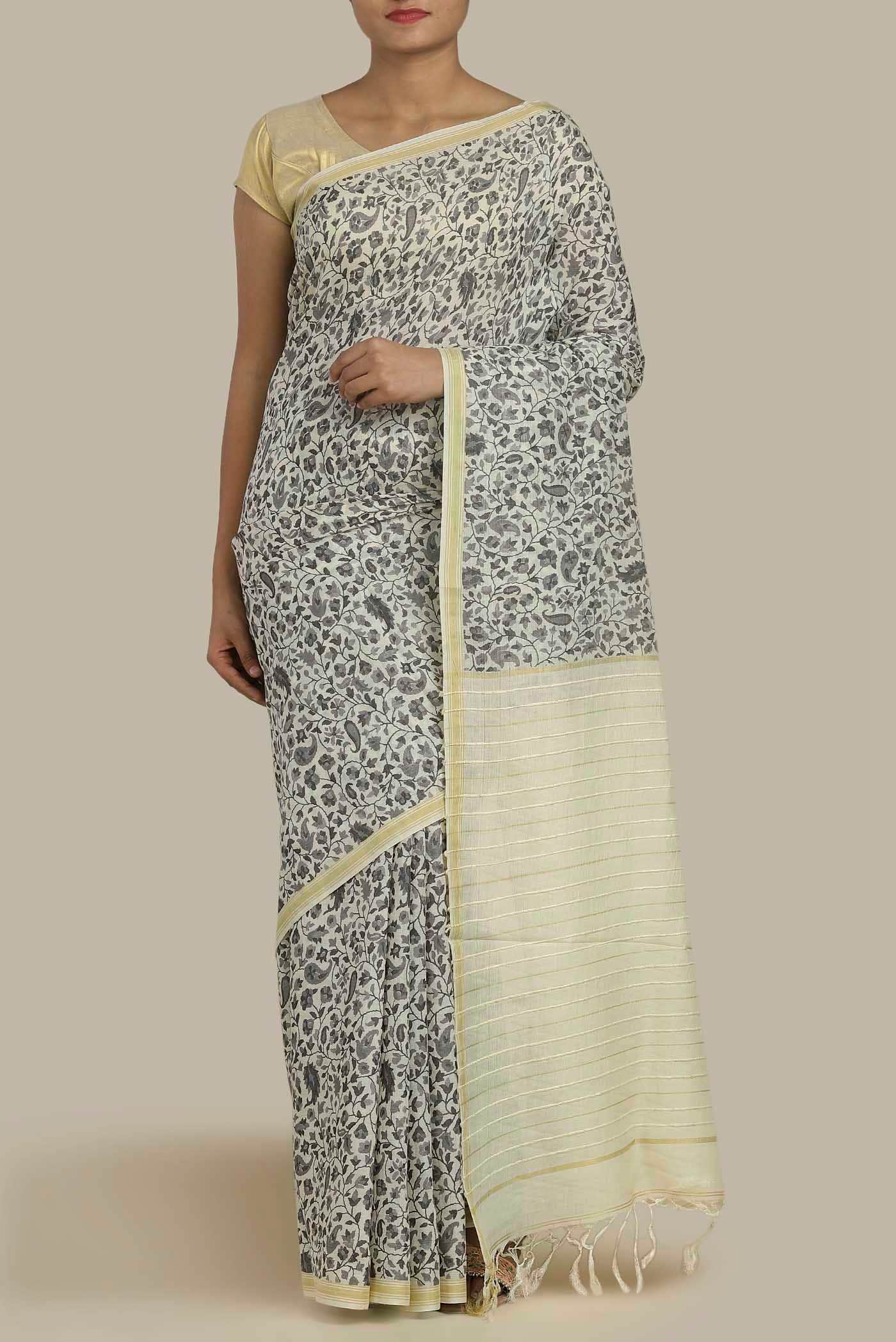 Cream Tussar Silk Saree