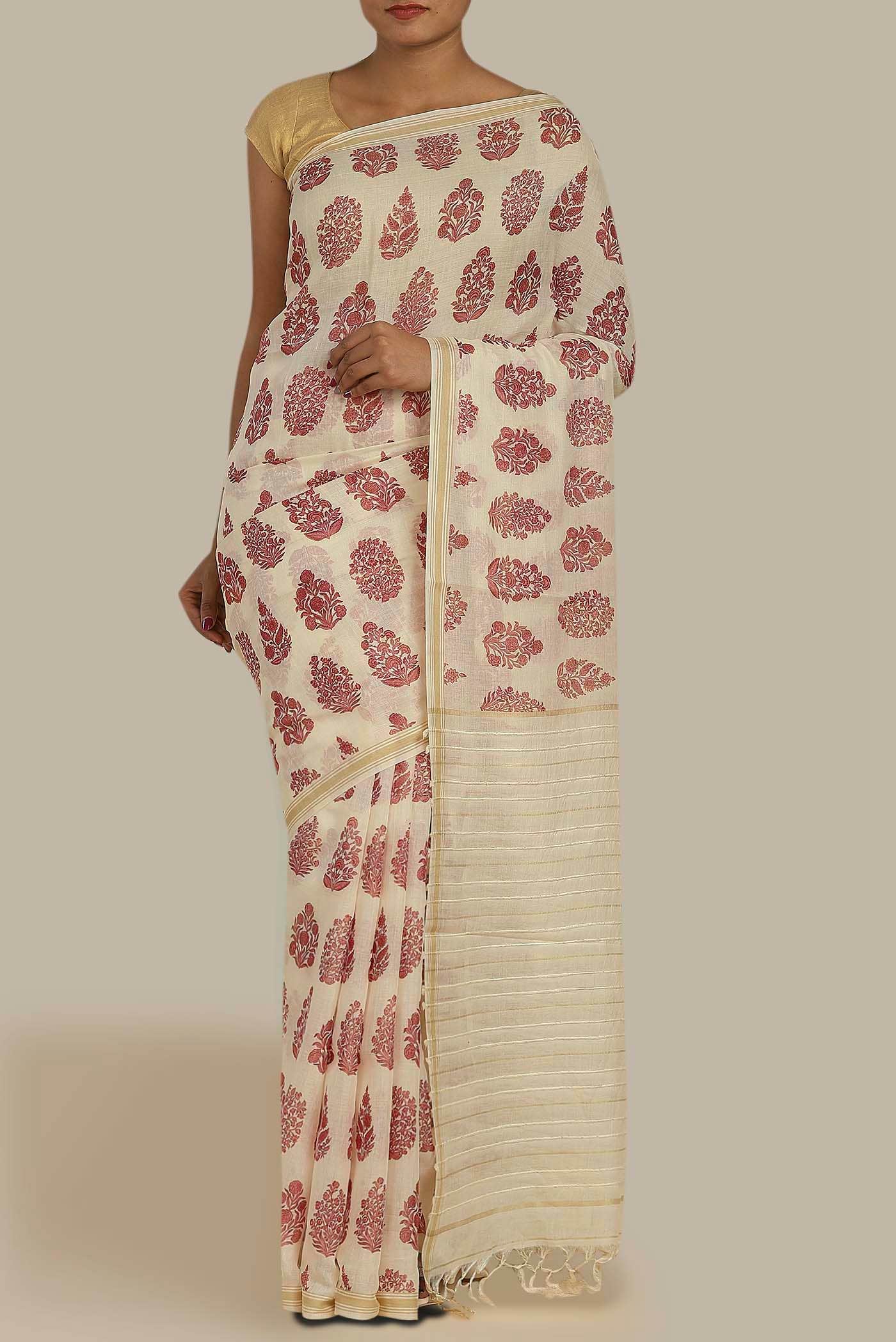 Cream Tussar Silk Saree