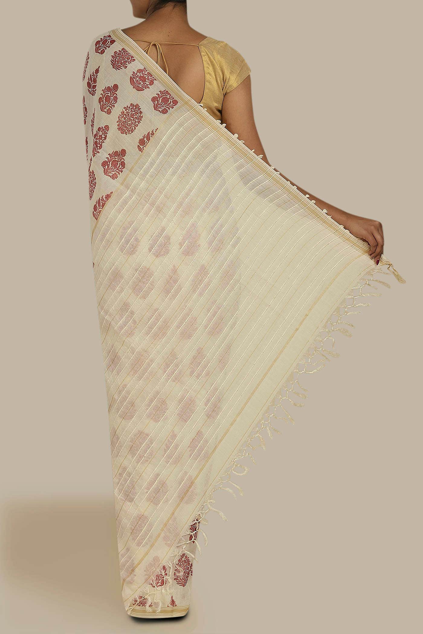 Cream Tussar Silk Saree
