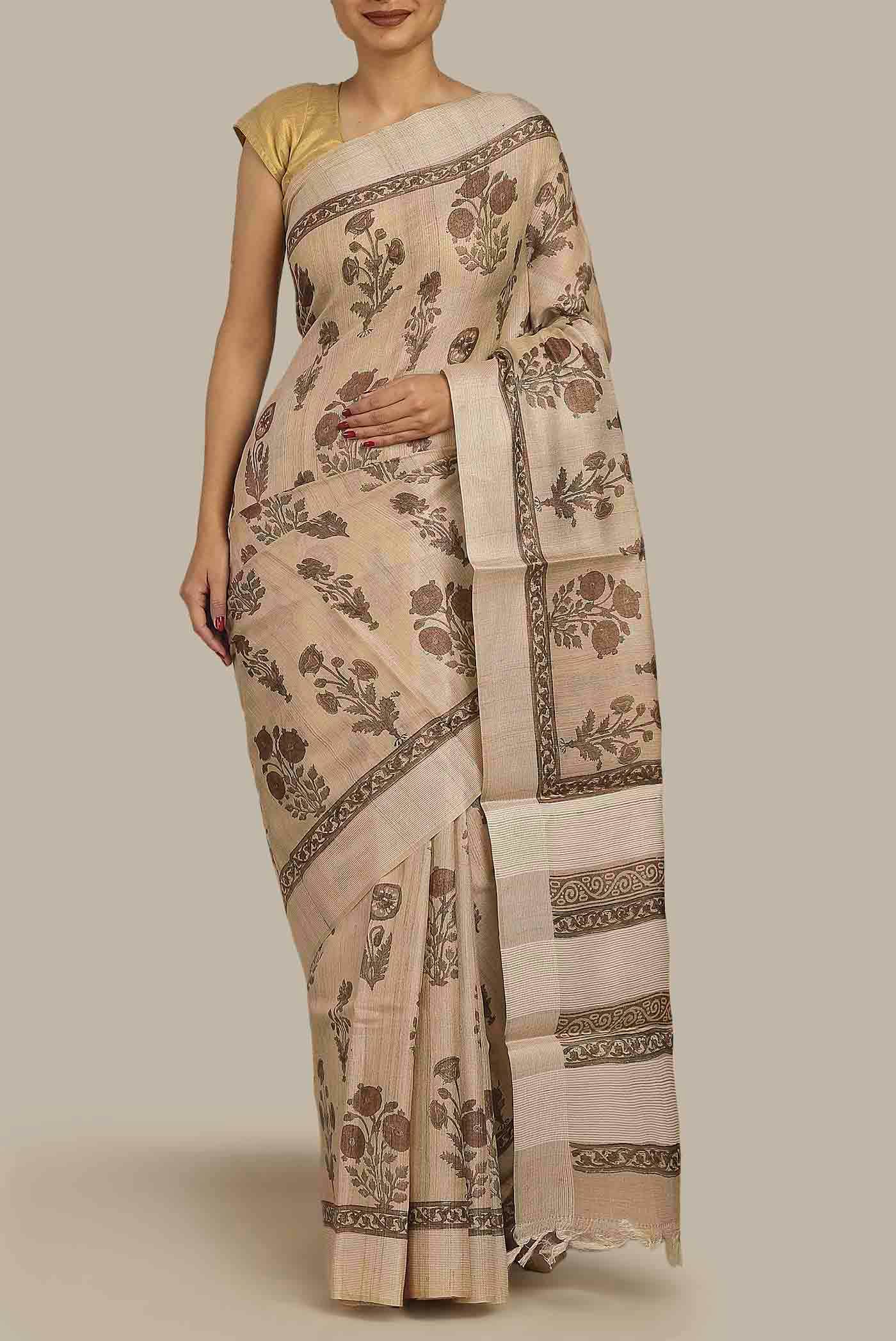 Beige Tussar Silk Saree