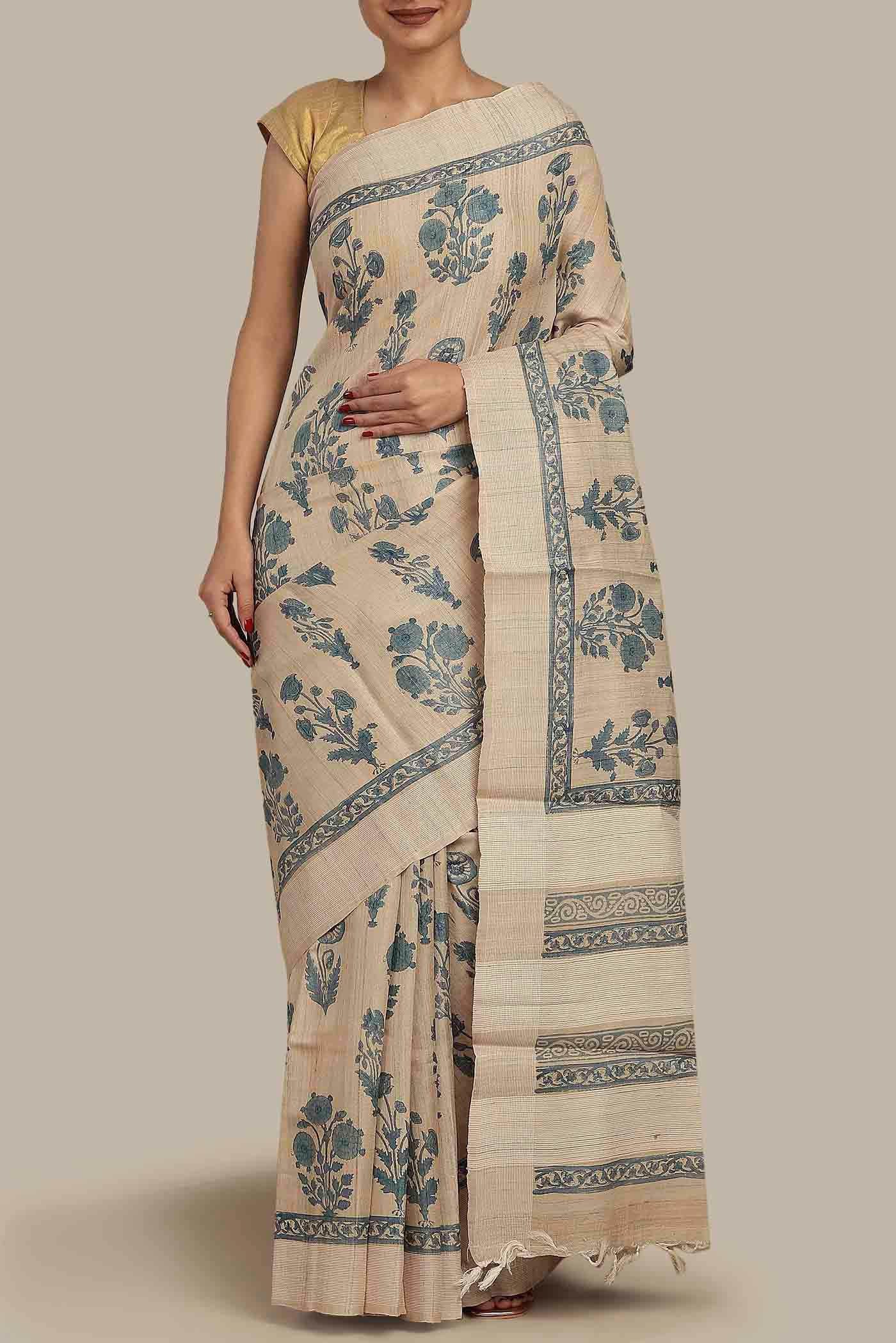 Beige Tussar Silk Saree