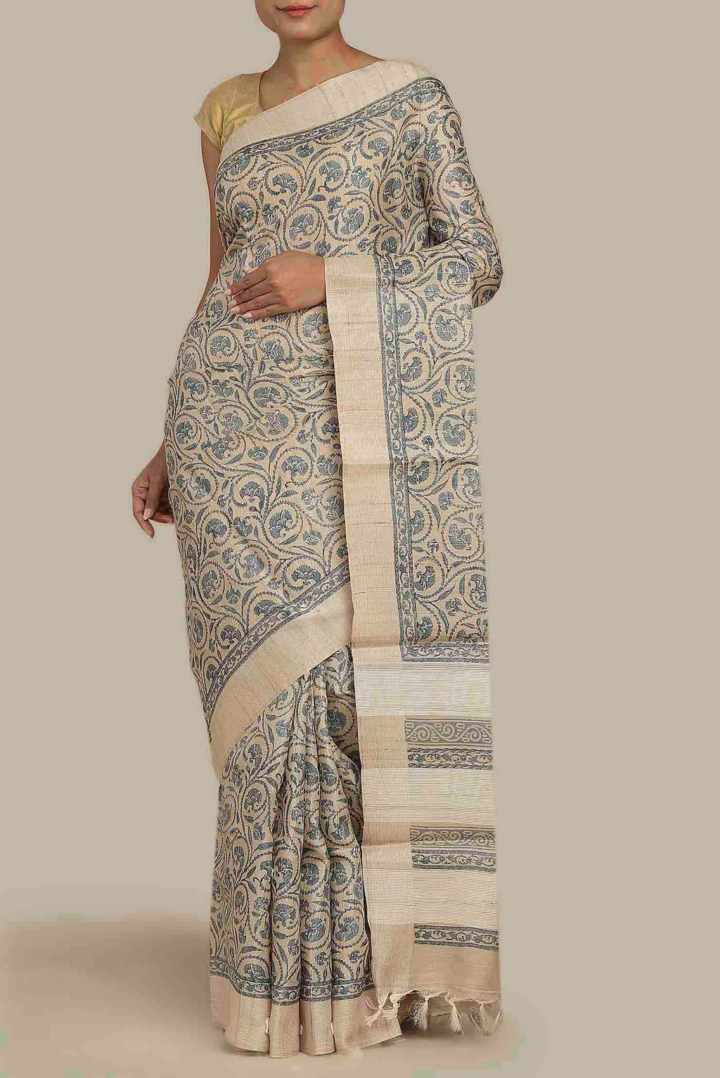 Beige Tussar Silk Saree