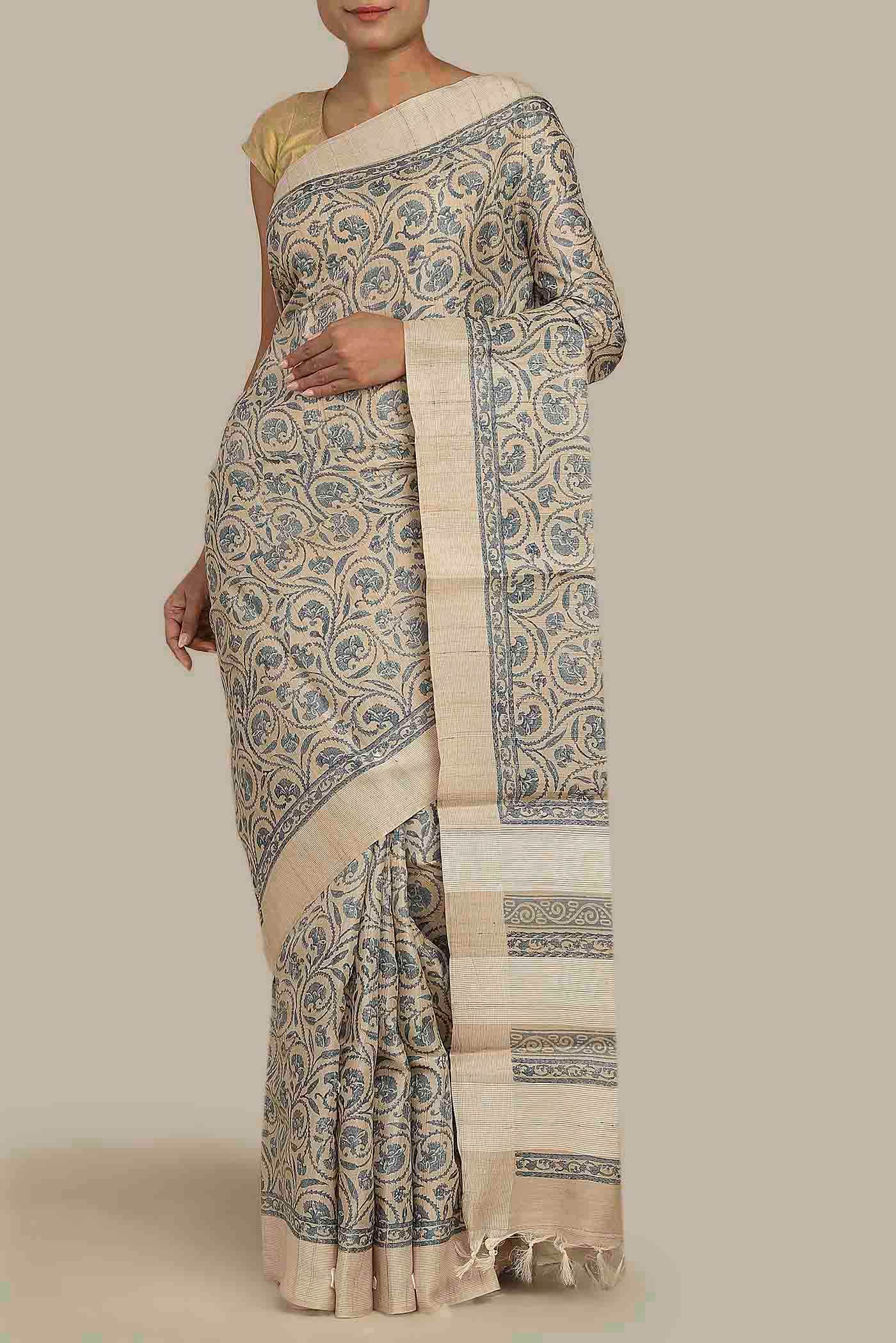 Beige Tussar Silk Saree