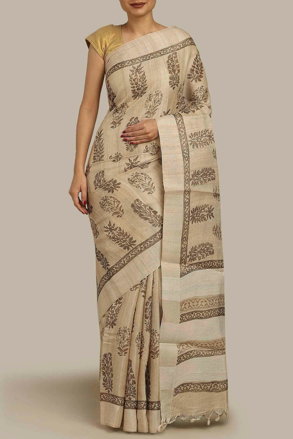 Beige Tussar Silk Saree