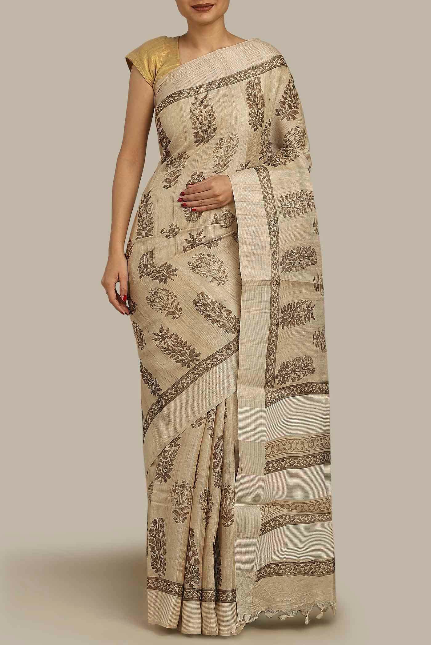 Beige Tussar Silk Saree