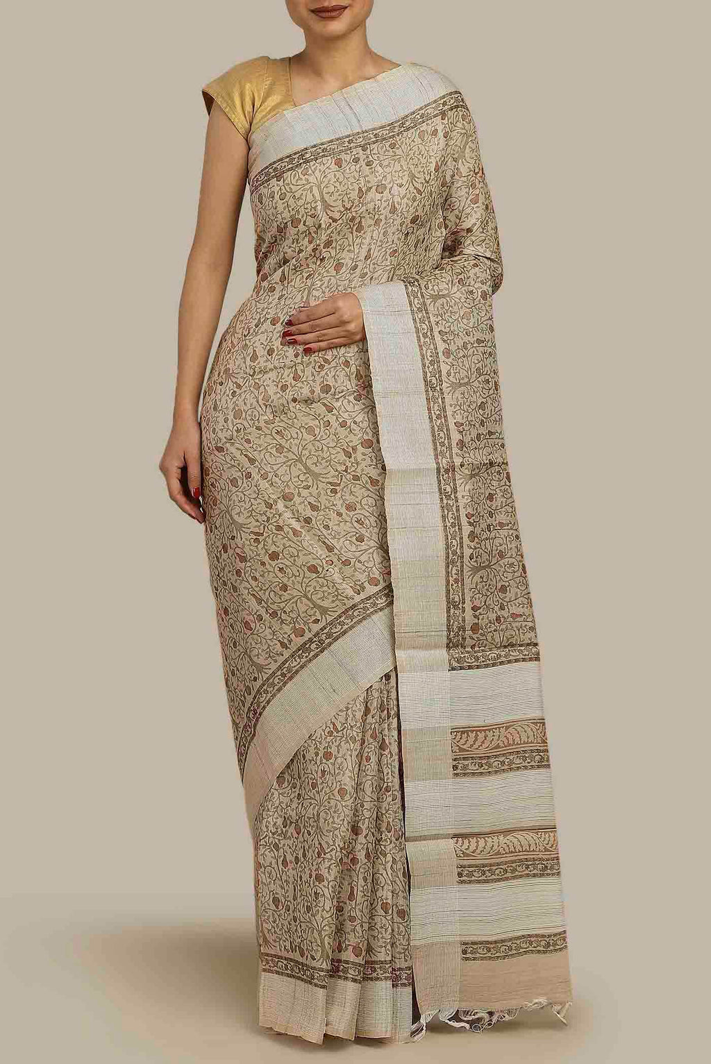Beige Tussar Silk Saree