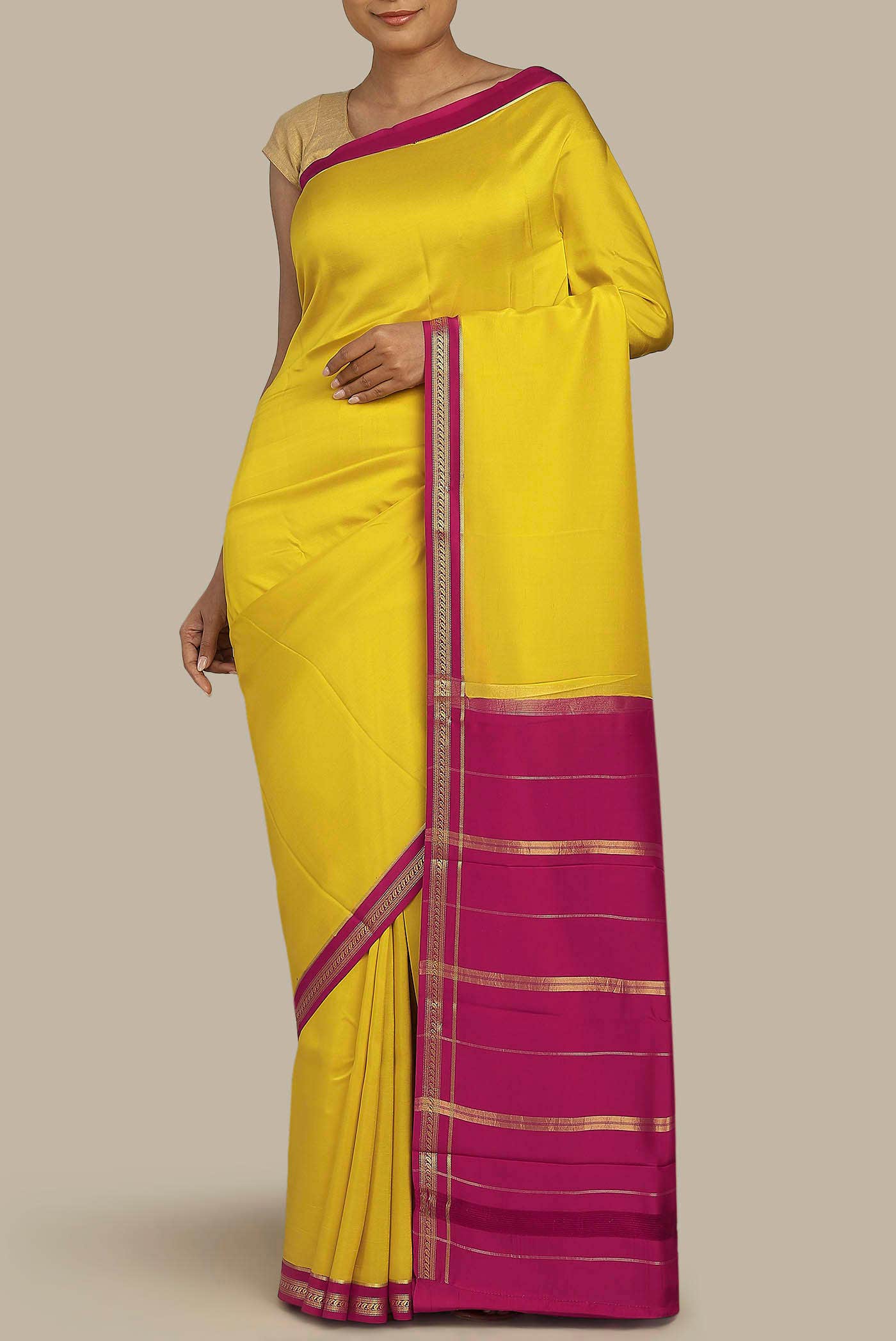 Pure Silk Pure Zari Yellow Mysore Crepe Saree